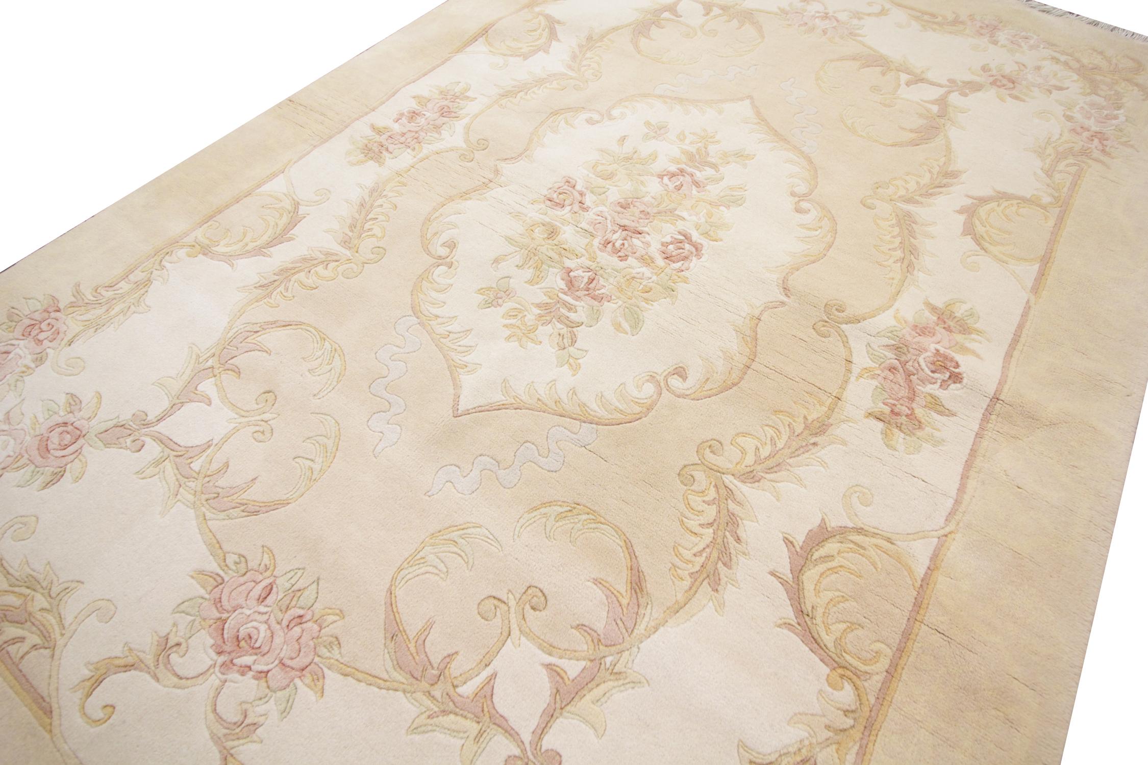 Vegetable Dyed Vintage Cream Carpet Oriental Art Deco Style Chinese Rugs Savonnerie CHR82 For Sale