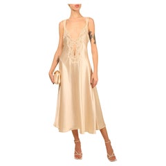 Abito da notte vintage in raso di seta crema champagne con pizzo e sottoveste, S