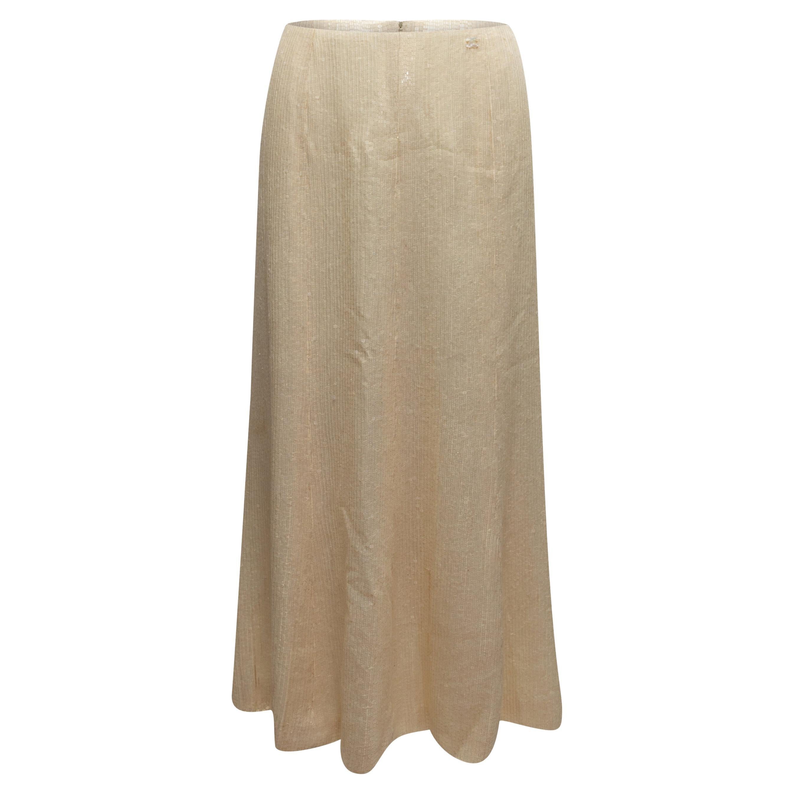 Vintage Cream Chanel Cruise 2003 Sequined Silk Skirt Size FR 46 For Sale