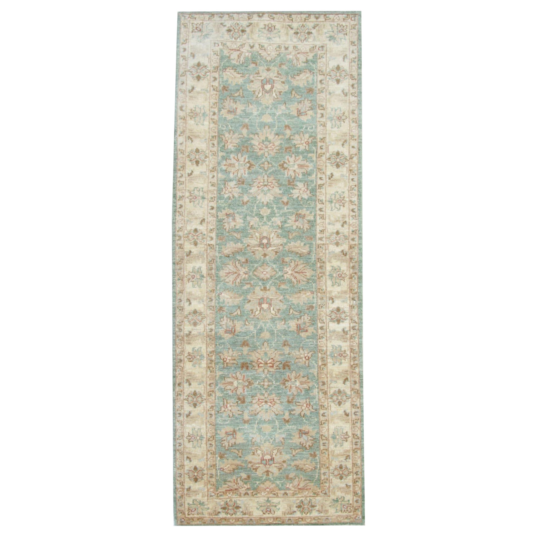 Vintage Cremegrüner Vintage-Läufer in Creme, Wolle, Beige, Teppich-Läufer Zeigler