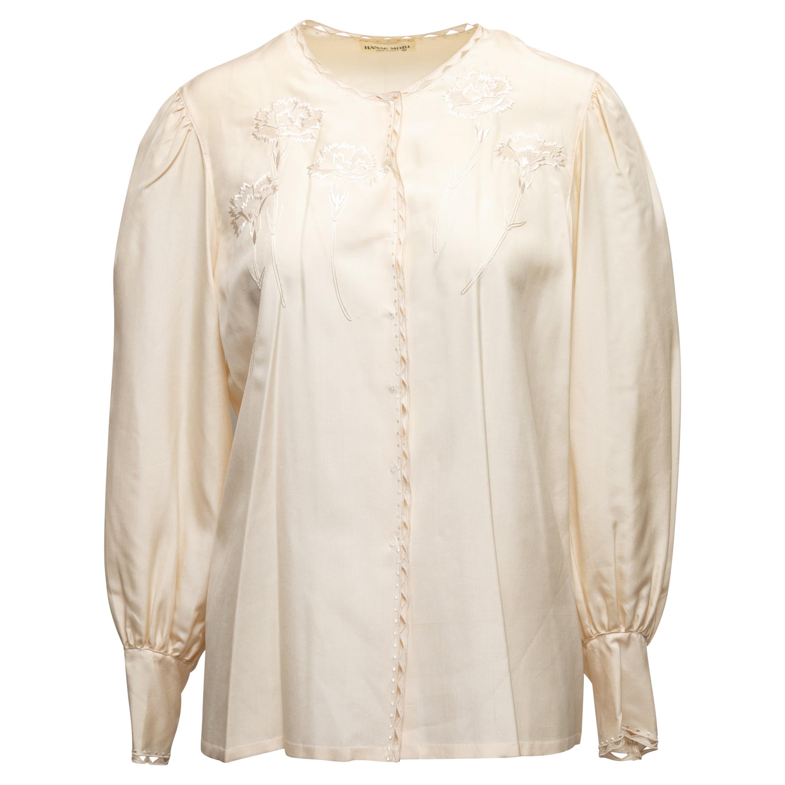 Vintage Cream Hanae Mori Silk Embroidered Blouse Size US M For Sale