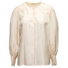 Retro Cream Hanae Mori Silk Embroidered Blouse Size US M