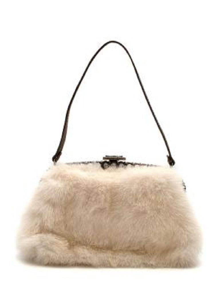 Valentino Cream Mink Fur Embellished Handbag
 

 - Small top handle bag
 - Cream mink fur with brown silk lining
 - Hand embroidered flower motif with silver beads and crystals 
 - Light brown thin leather handle 
 - Brushed gold metal and crystal