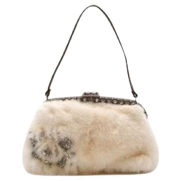 Vintage Cream Mink Fur Embellished Handbag For Sale