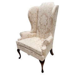 Vintage Cream on Cream Jacquard Weave Upholstered Wingback Chair on Cabriole Leg