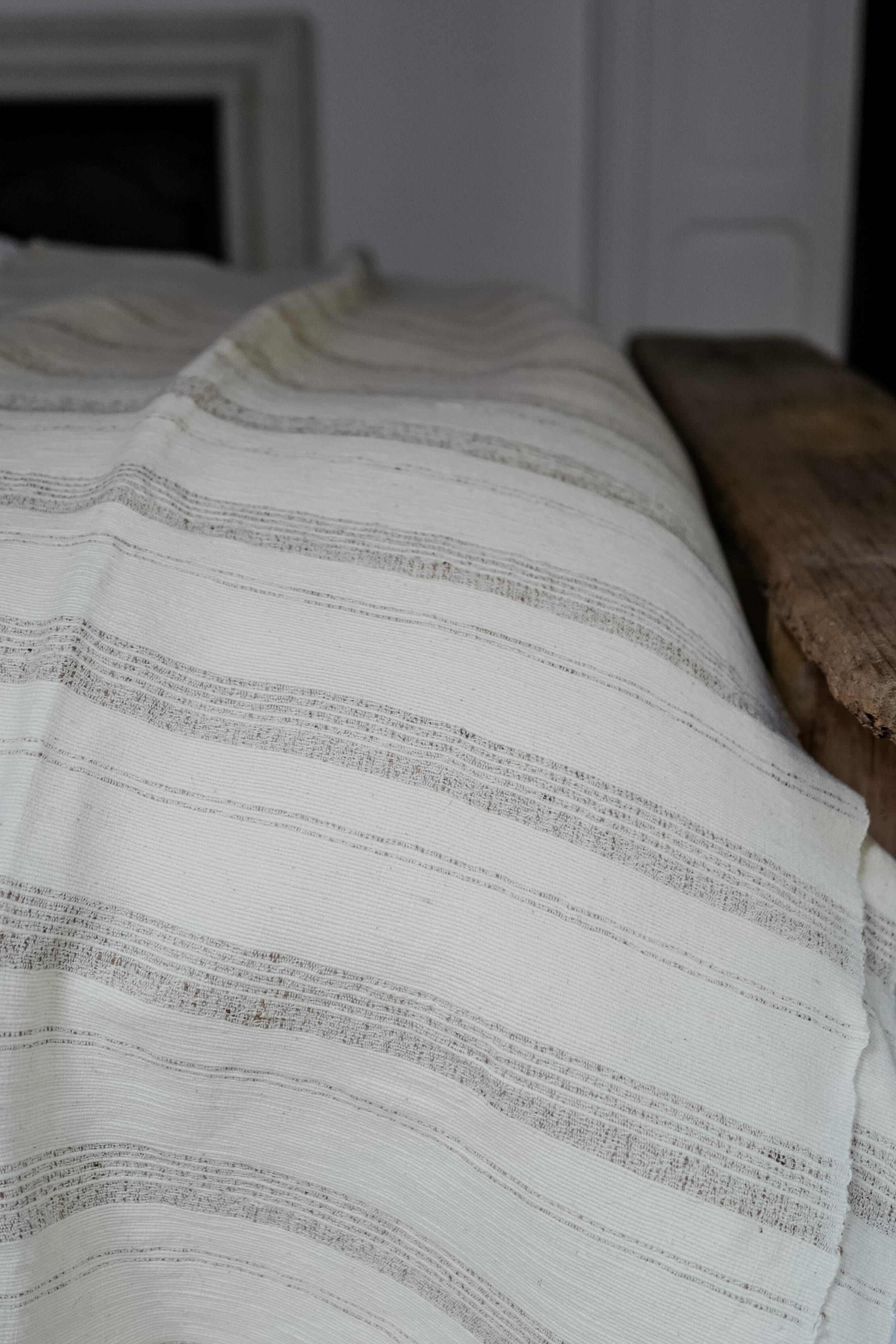 Cotton Vintage Cream Striped Indian Handwoven Bed Spread Blanket – One of a Kind For Sale