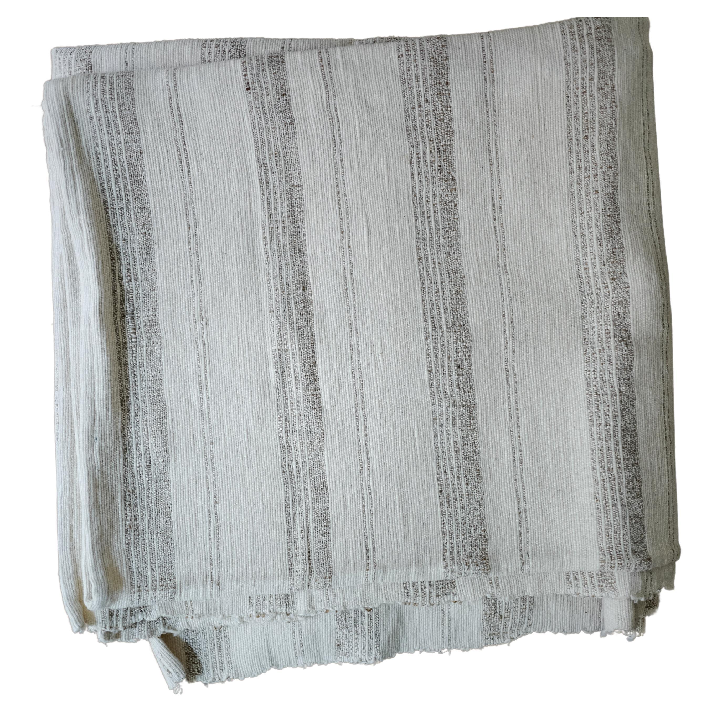 Vintage Cream Striped Indian Handwoven Bed Spread Blanket – One of a Kind For Sale