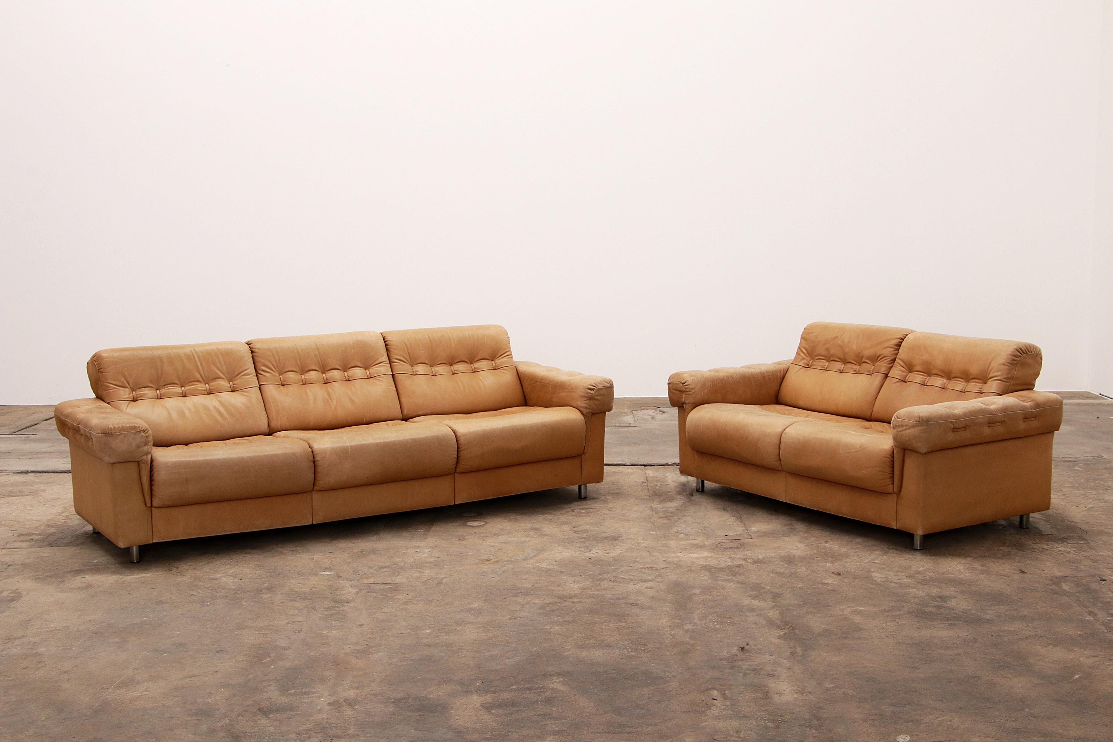 German Vintage Cream Three-Seater with Two-Seater Leather from the 1970s