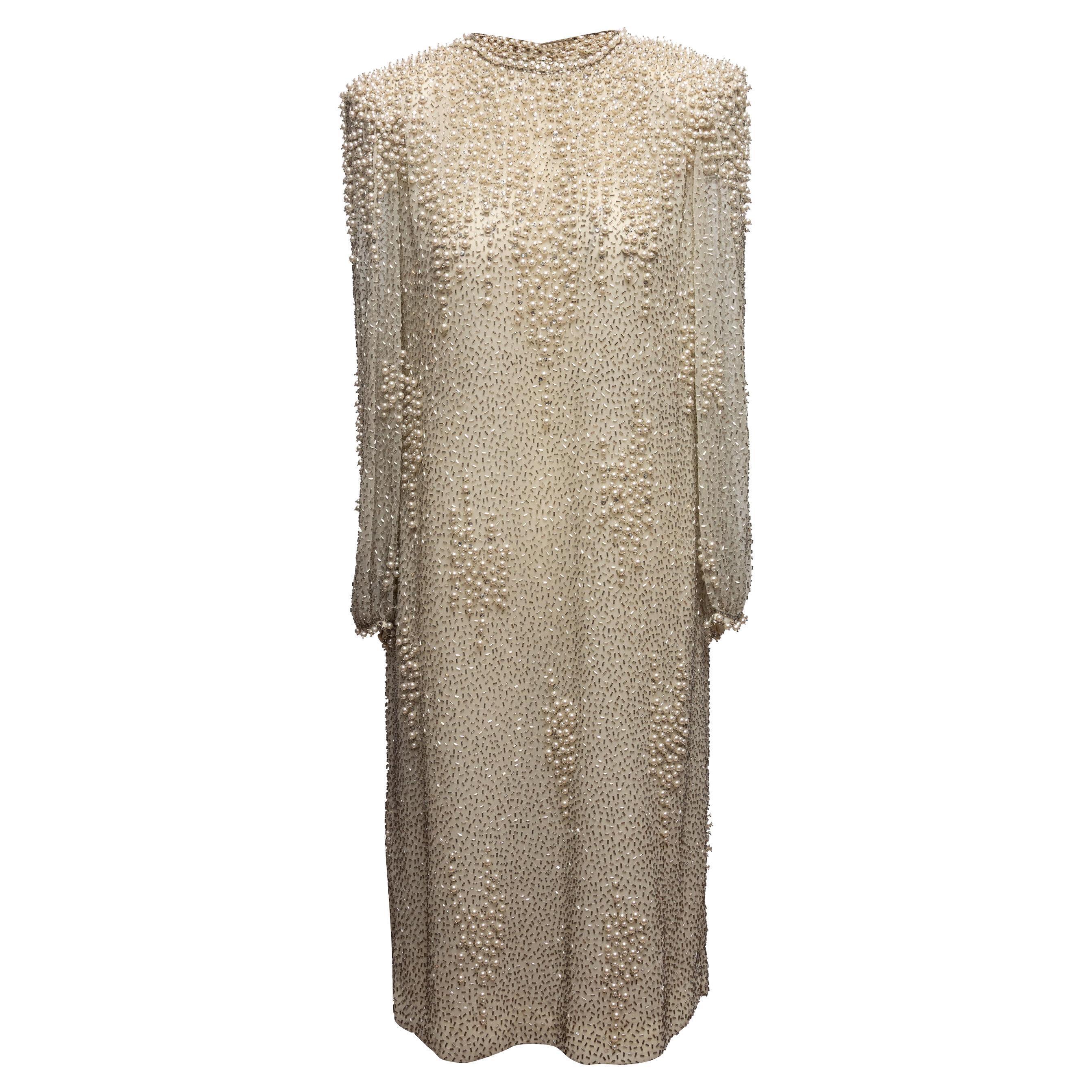 Vintage Cream Victoria Royal Ltd Robe de soirée ornée de fausses perles et de perles