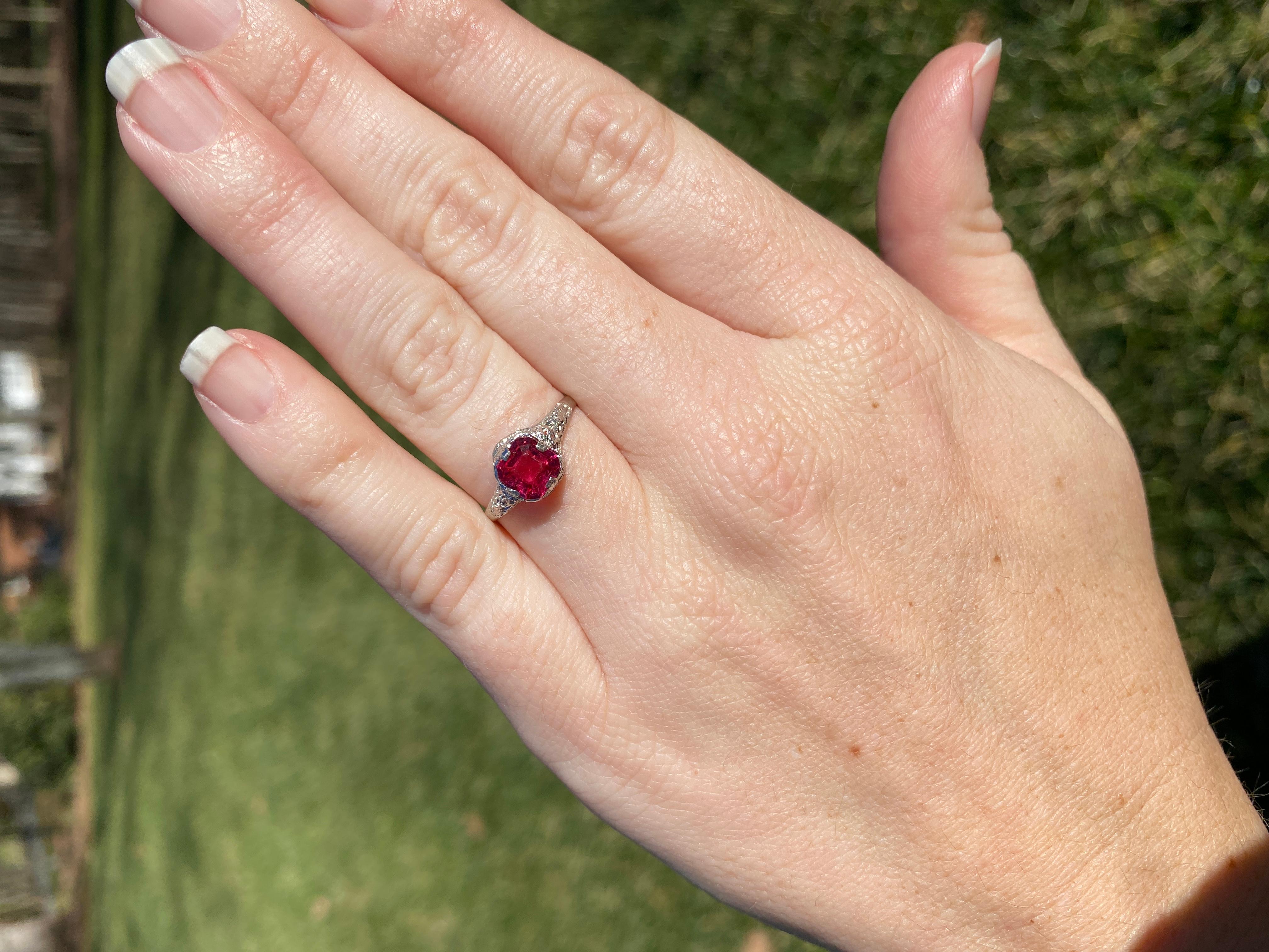 Asscher Cut Vintage Created Ruby Filigree Ring, 10K White Gold, Red Ruby Ring, Vintage Engag