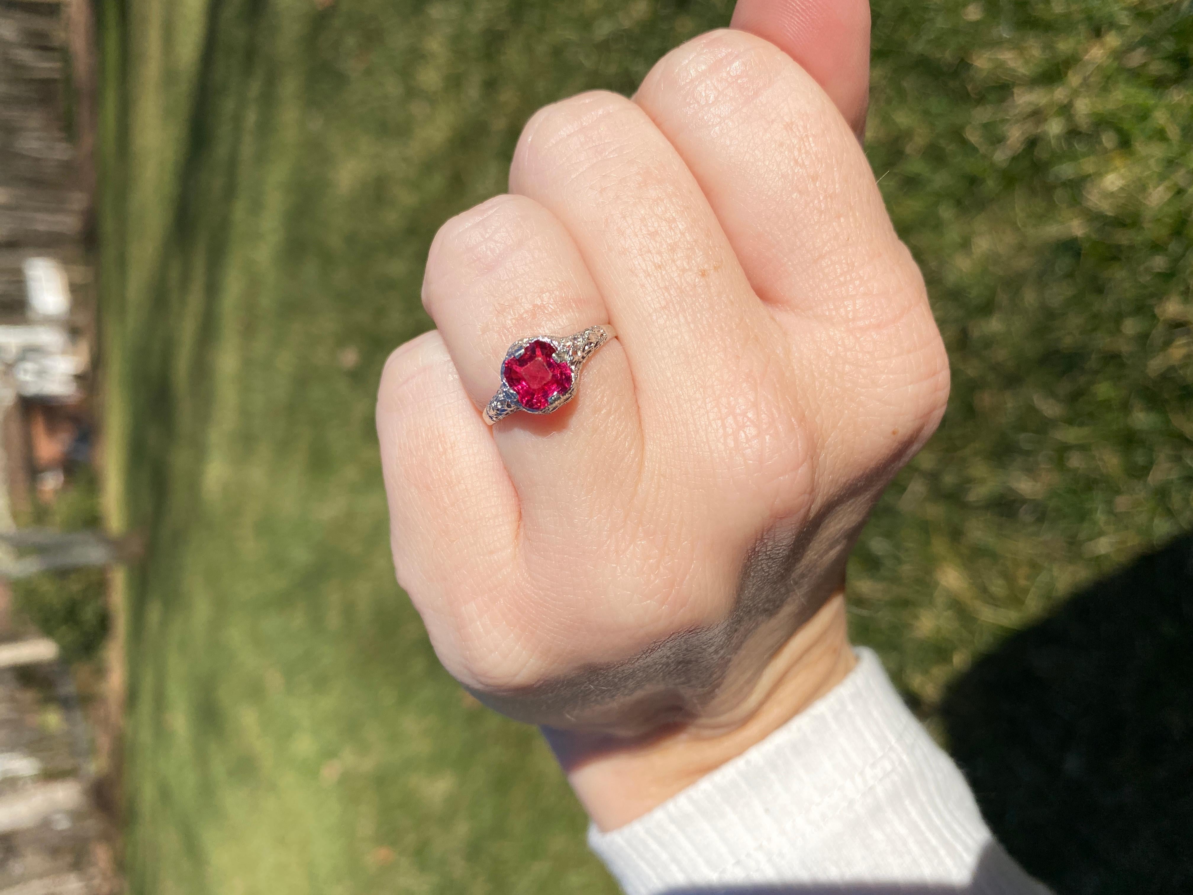Vintage Created Ruby Filigree Ring, 10K White Gold, Red Ruby Ring, Vintage Engag In Good Condition In McLeansville, NC