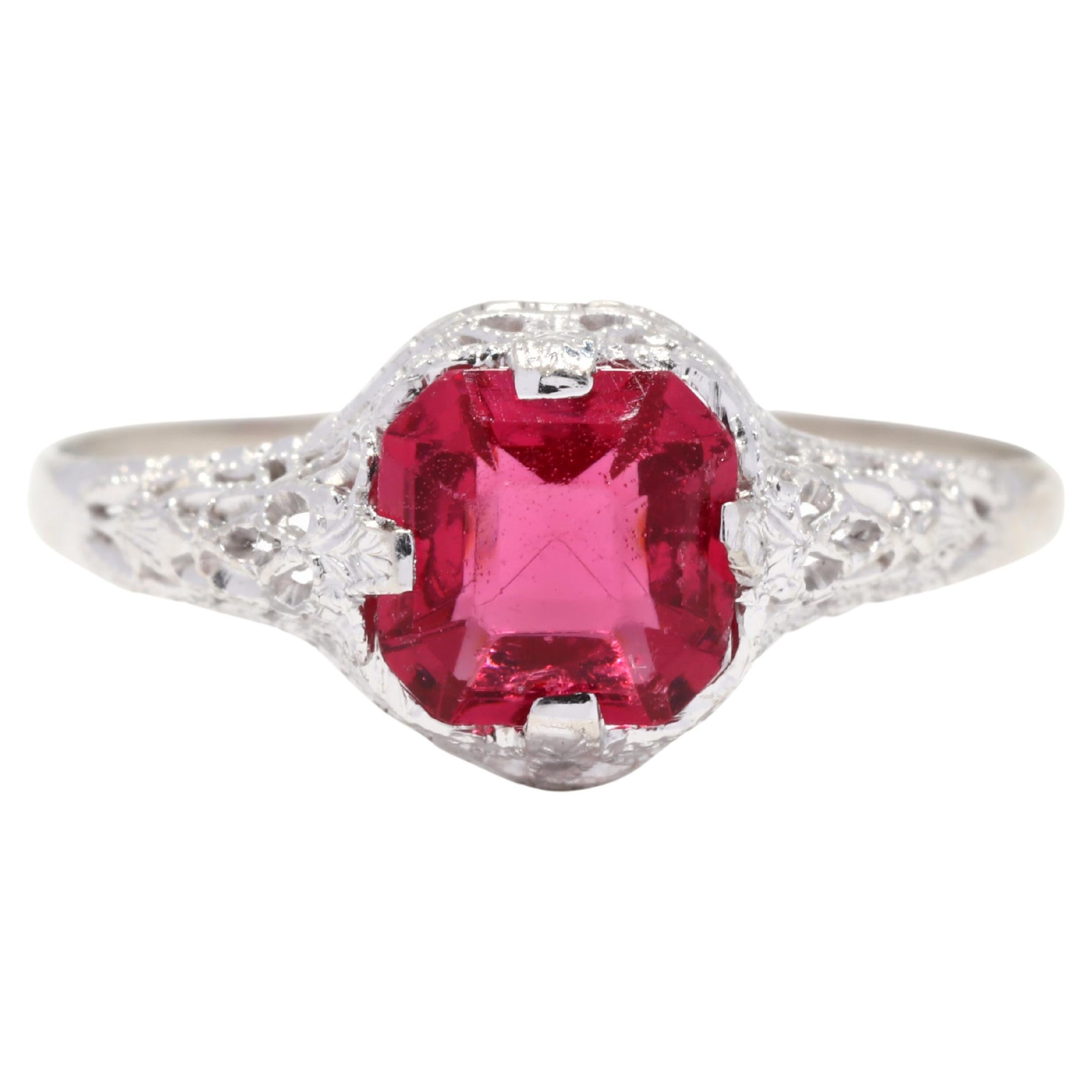 Vintage Created Ruby Filigree Ring, 10K White Gold, Red Ruby Ring, Vintage Engag
