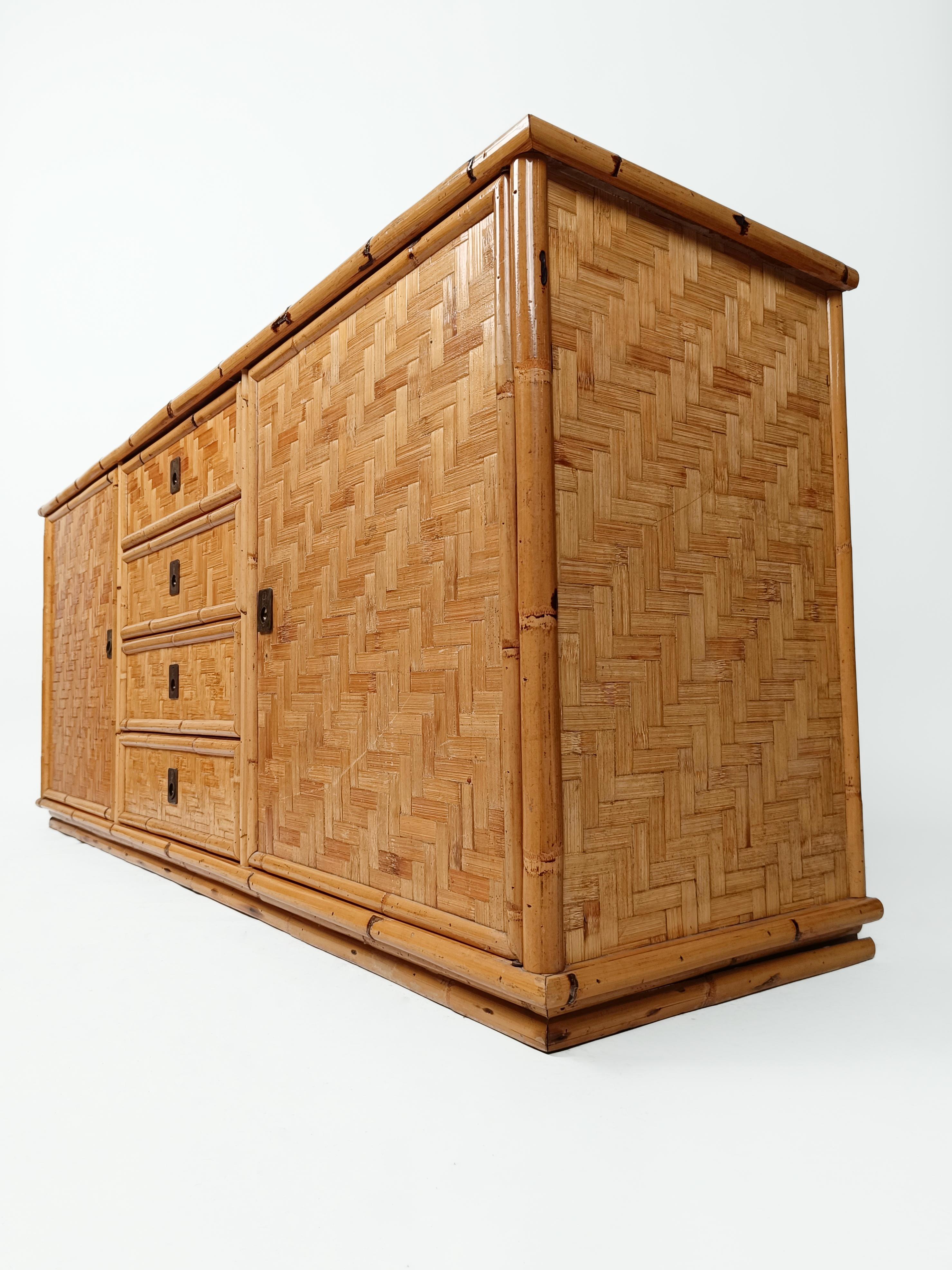 Vintage Credenza Coastal Dresser in Bamboo and Rattan Parquets, Italy 1970s  12