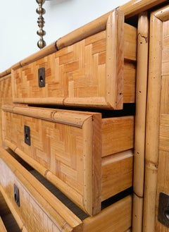 Vintage Credenza Coastal Dresser in Bamboo and Rattan Parquets, Italy 1970s