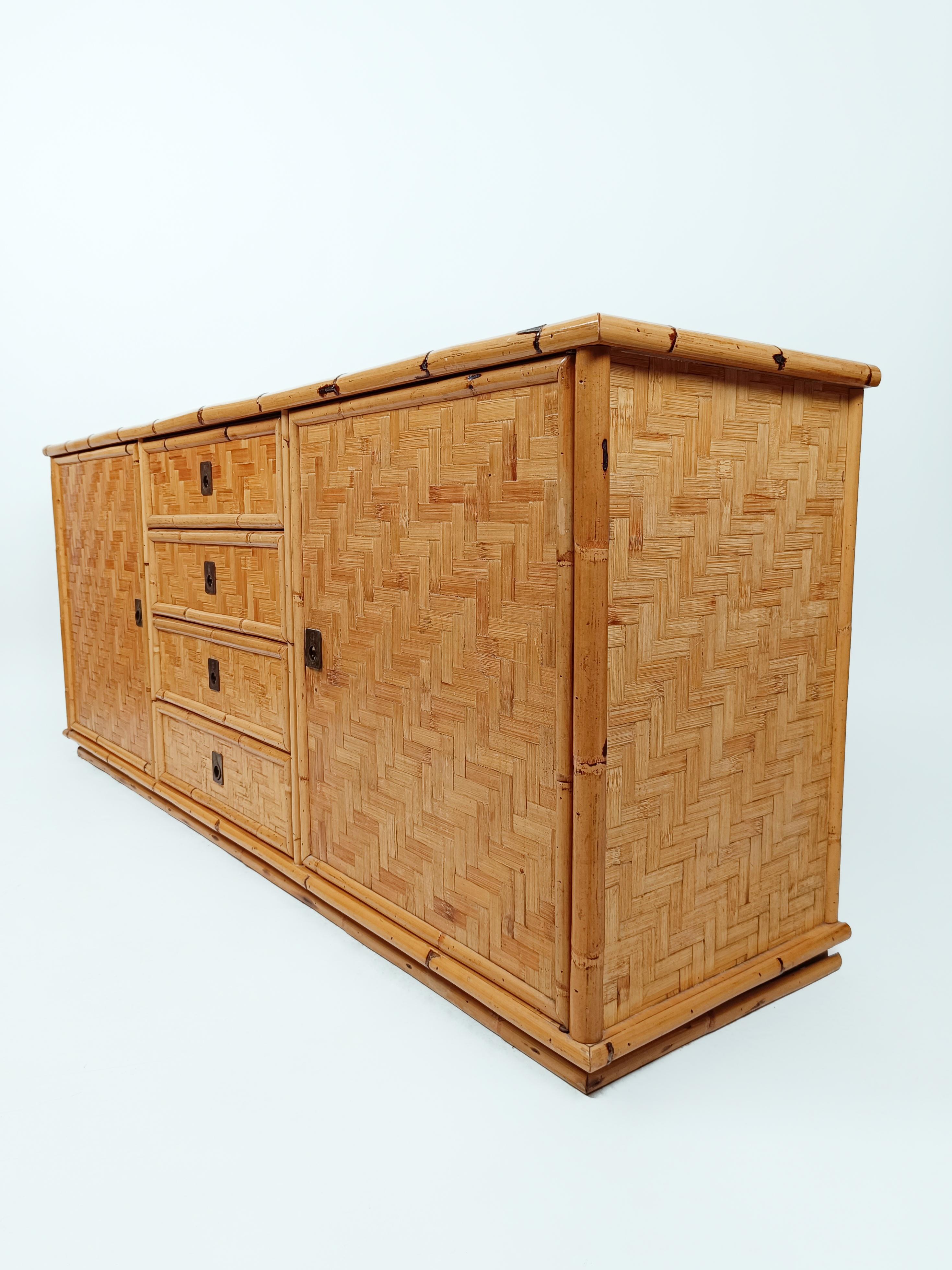 Late 20th Century Vintage Credenza Coastal Dresser in Bamboo and Rattan Parquets, Italy 1970s 