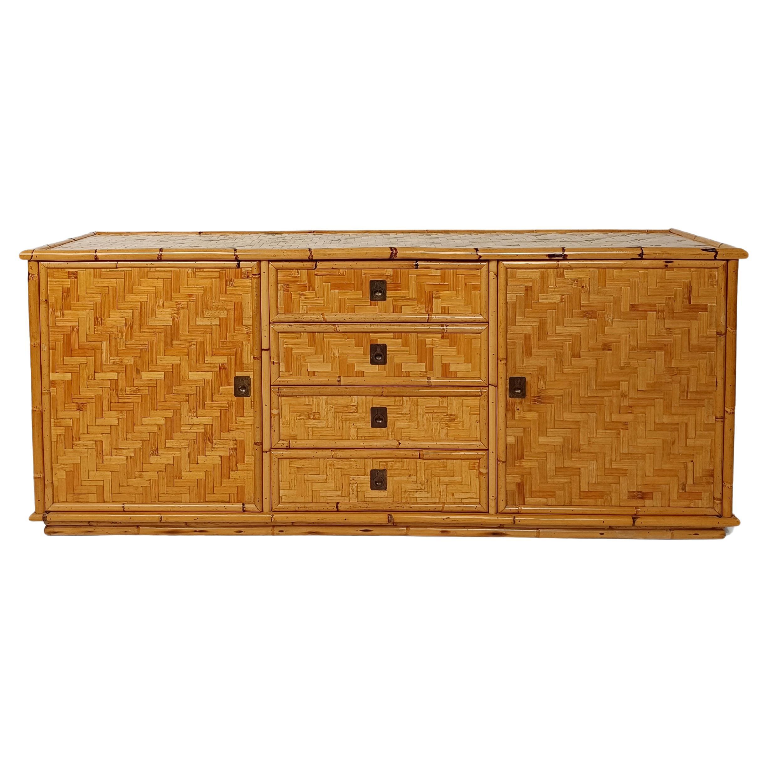 Vintage Credenza Coastal Dresser in Bamboo and Rattan Parquets, Italy 1970s 