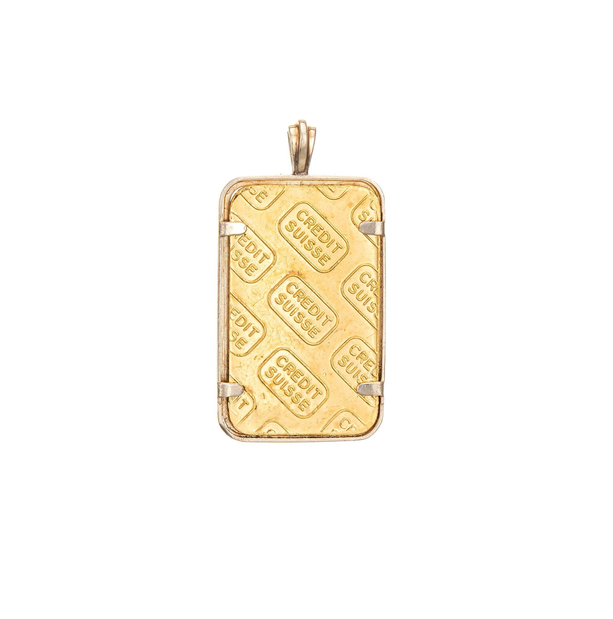 Finely detailed vintage Credit Suisse pendant crafted in 24k yellow gold (14k gold frame).  

The nicely detailed gold ingot weighs 5 grams, great for wear as a pendant on a chain or worn on a charm bracelet.     

The pendant is in very good