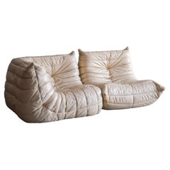 Vintage creme leather togo set by Michel Ducaroy for Ligne Roset, 1970s