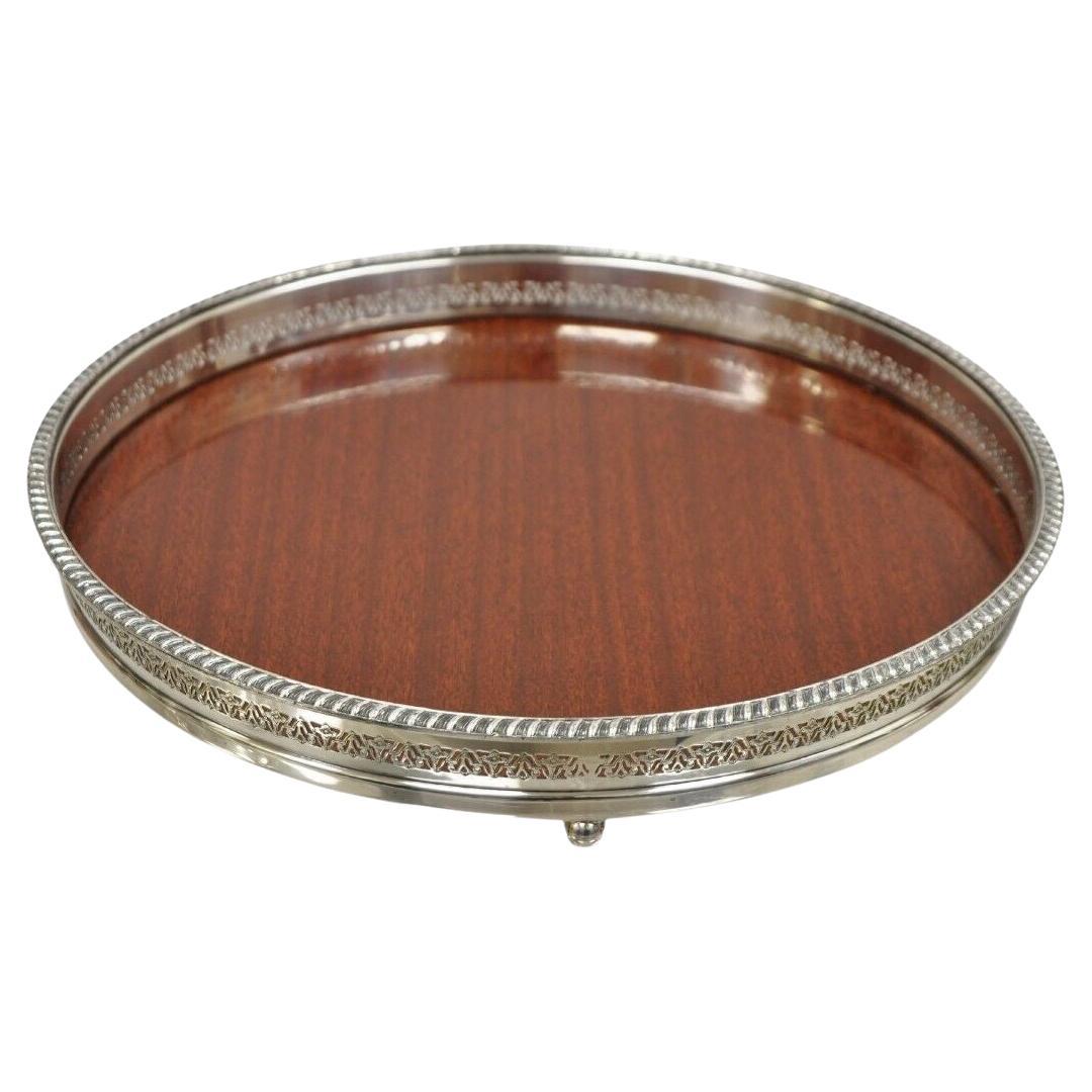 Vintage Crescent Modern Formica and Silver Plate Round Serving Bar Tray For Sale