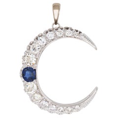 Vintage Crescent Moon Pendant Diamond Sapphire 18k Gold Fine Celestial Jewelry