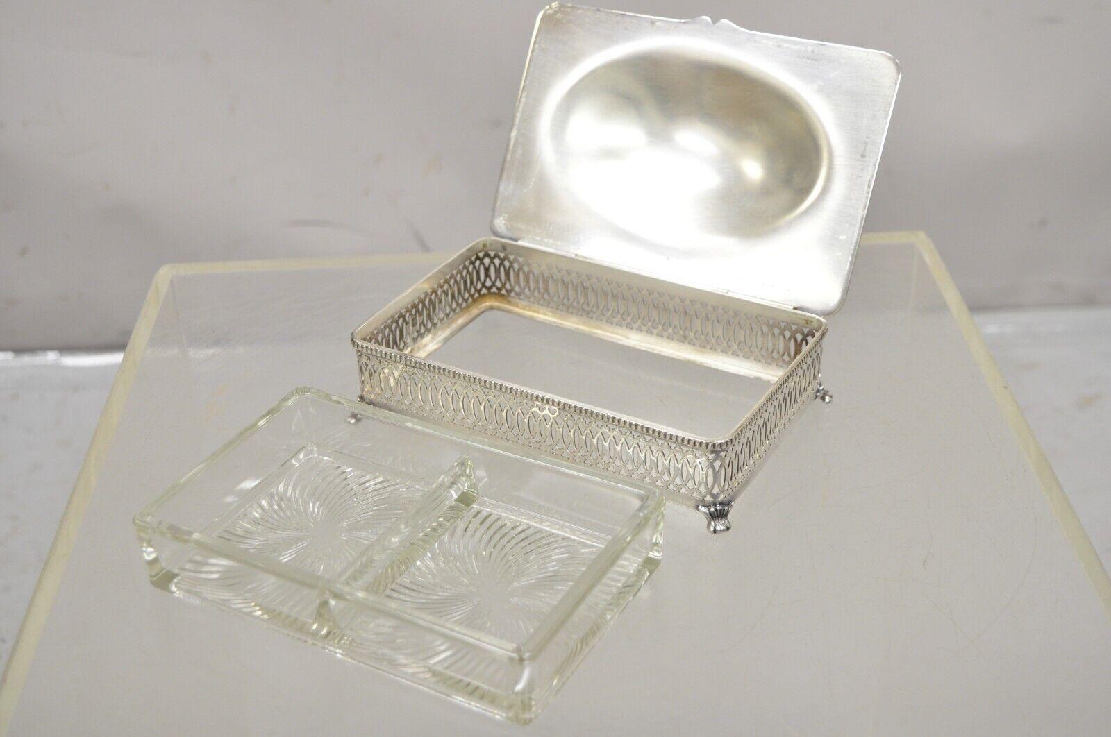 Vintage Crescent Pierced Fretwork Silver Plated Hinged Box Sectioned Glass Liner For Sale 5