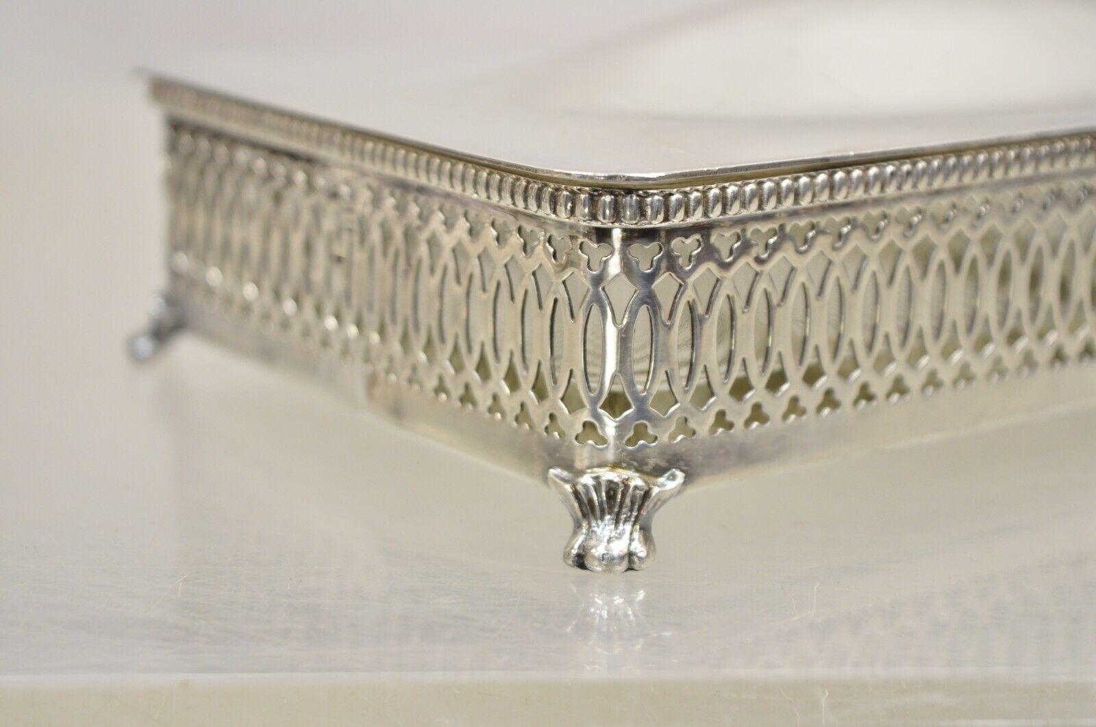Vintage Crescent Pierced Fretwork Silver Plated Hinged Box Sectioned Glass Liner For Sale 7