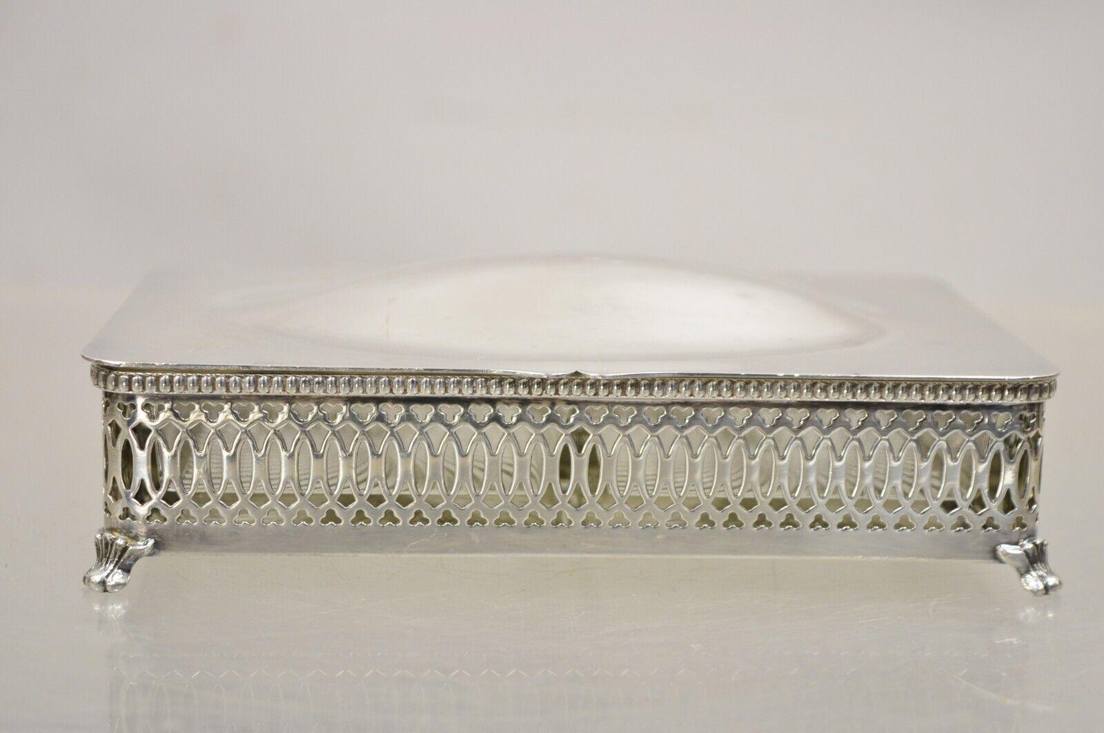 Regency Vintage Crescent Pierced Fretwork Silver Plated Hinged Box Sectioned Glass Liner For Sale