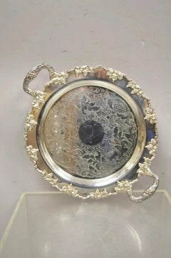Vintage Crescent Silver Plated 17" Grapevine Pattern Round Bar Tray w/ Handles