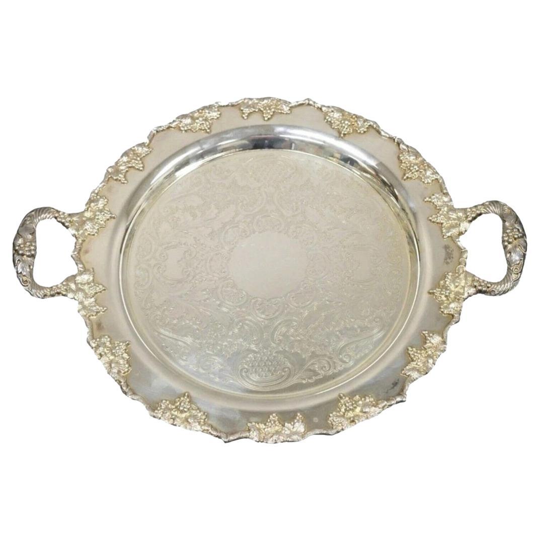 Vintage Crescent Silver Plated 17" Grapevine Pattern Round Bar Tray w/ Handles en vente