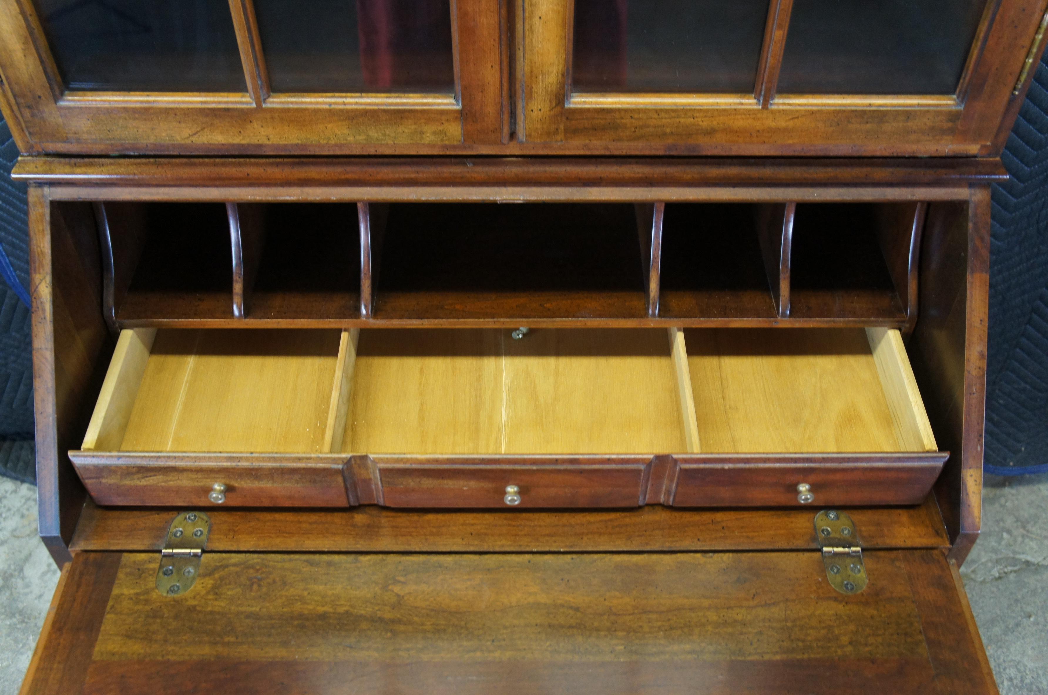 Glass Vintage Cresent Queen Anne Style Cherry Secretary Writing Desk Bookcase Bureau For Sale