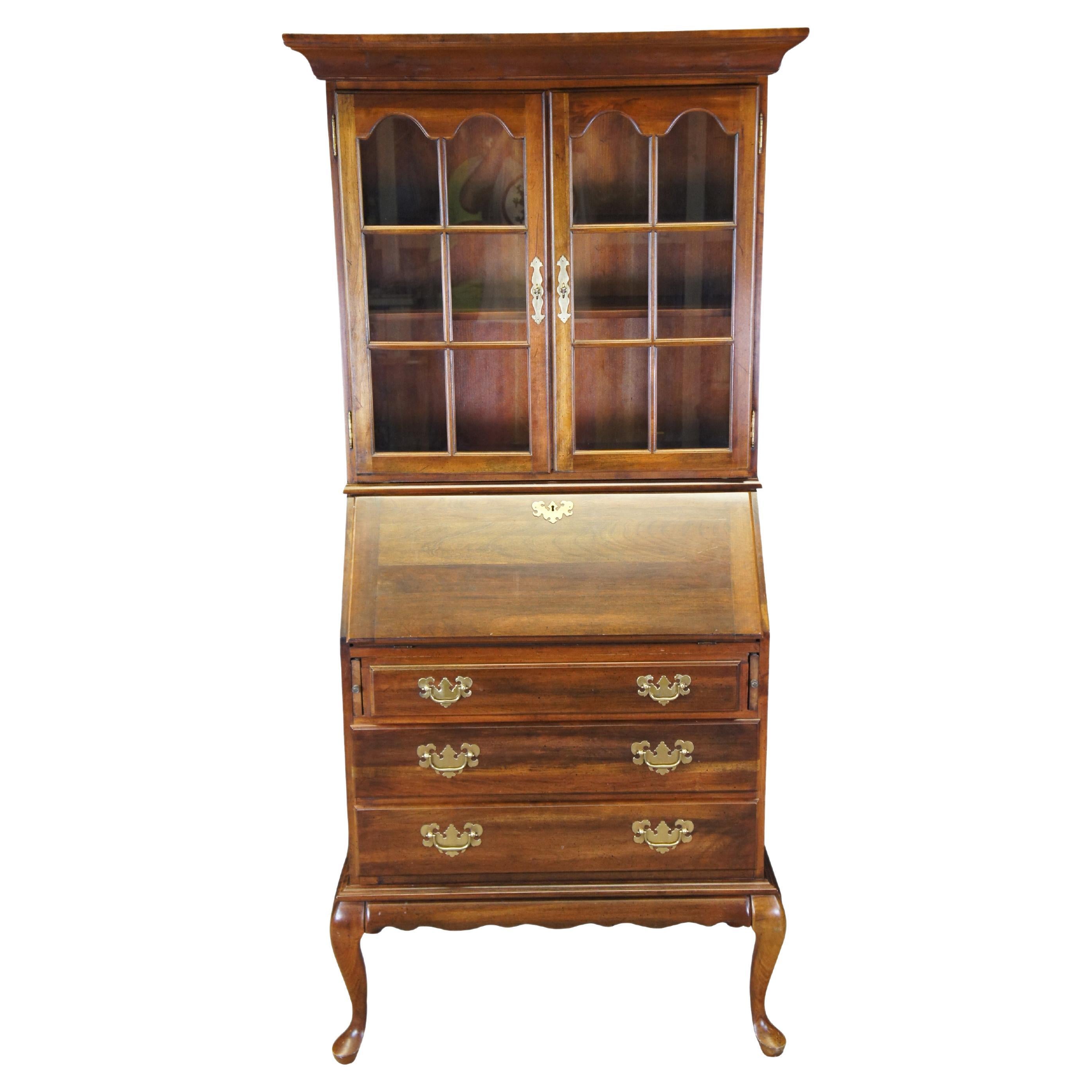 Vintage Cresent Queen Anne Style Cherry Secretary Writing Desk Bookcase Bureau For Sale