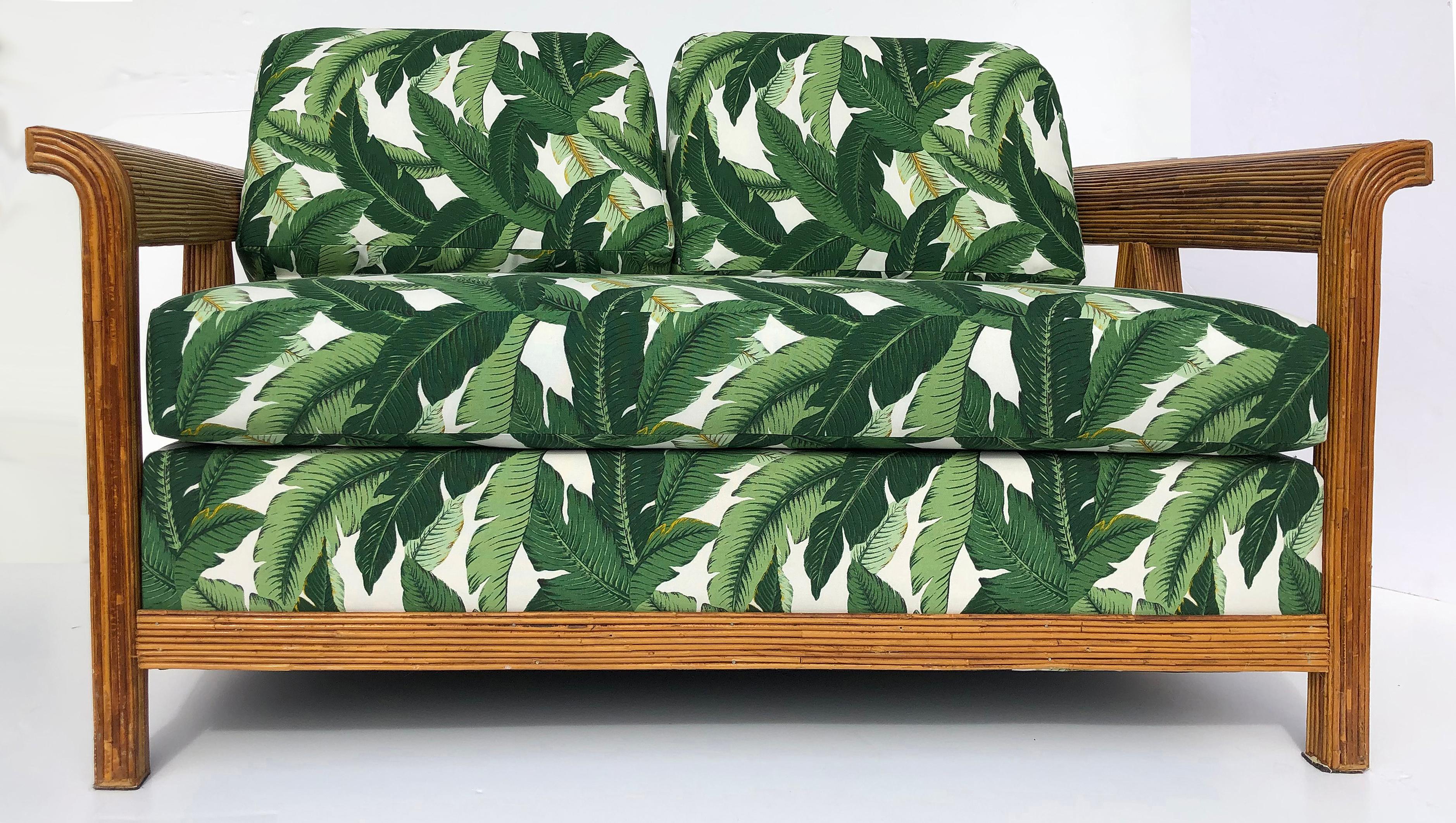 Vintage Crespi Style Pencil Reed Settee Sofa, Reupholstered In Good Condition In Miami, FL