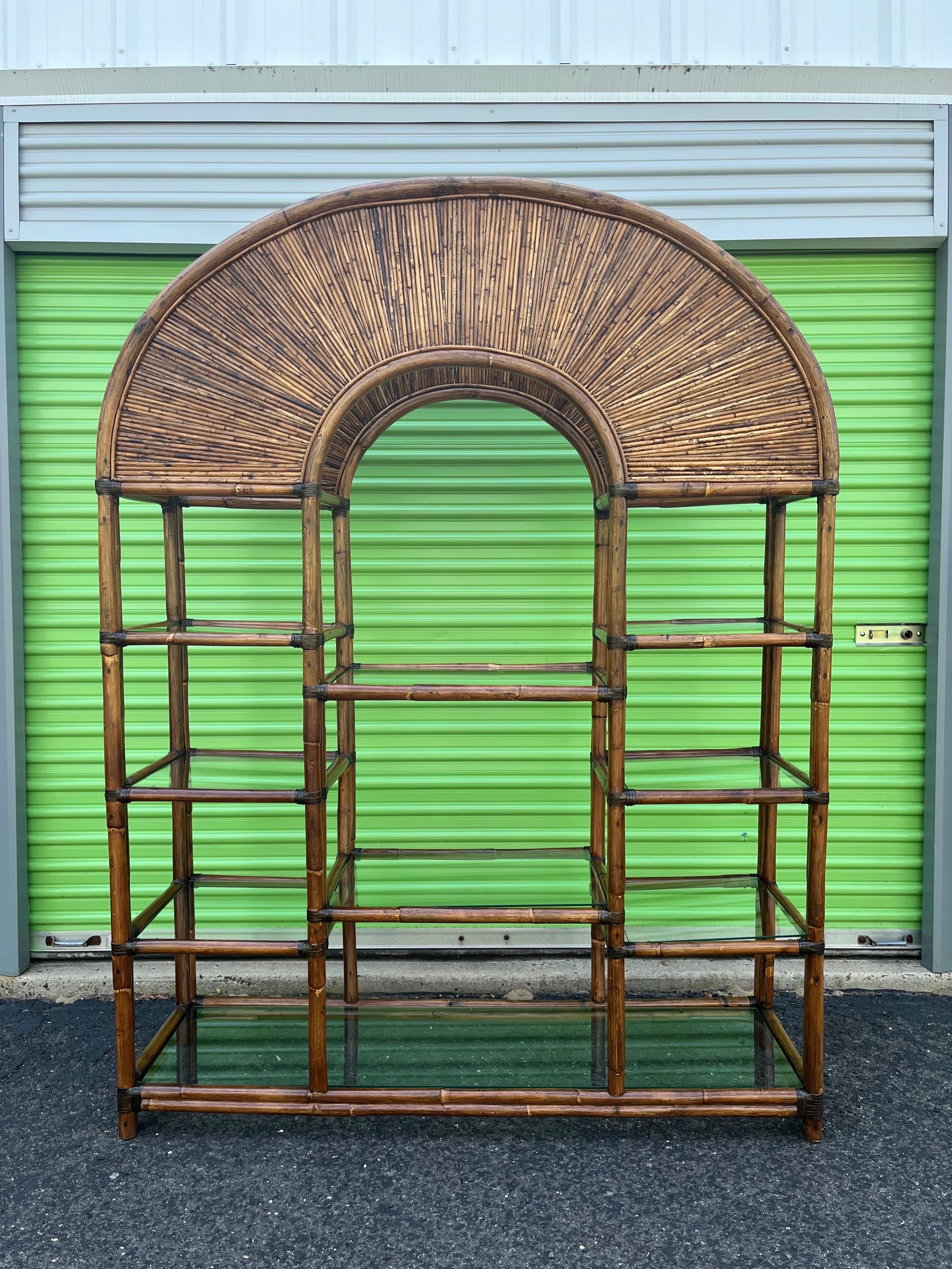 American Vintage Crespi Style Rattan Etagere Bookshelf For Sale