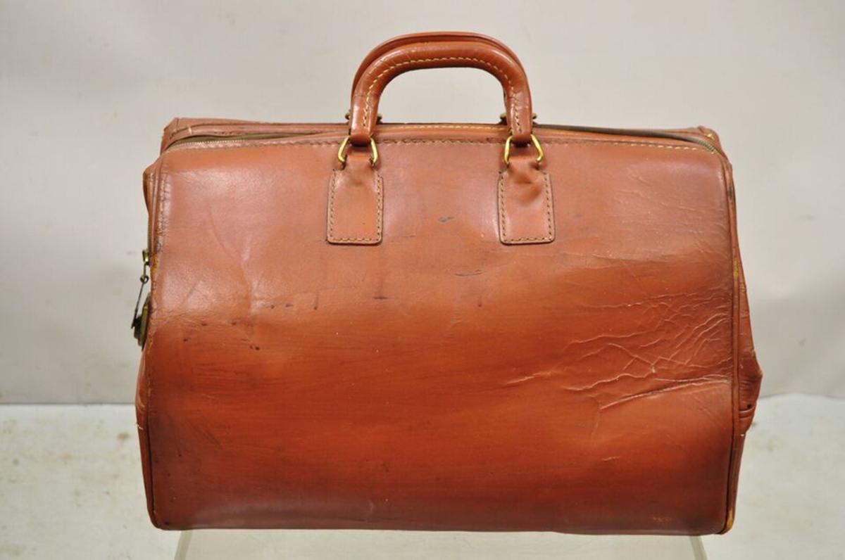 20th Century Vintage Crest Brown Leather Doctors Bag Carry on Luggage Suitcase For Sale