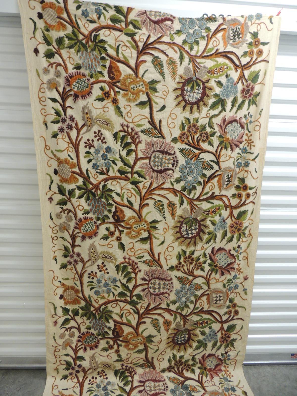 Vintage crewel work large floral embroidery linen panel. Depicting a tree of life pattern, wool embroidered on linen. Flowers scale are about 8 inches diameter. Wool threads embroidered on linen. In shades of violet, purple, blue, brown, orange,