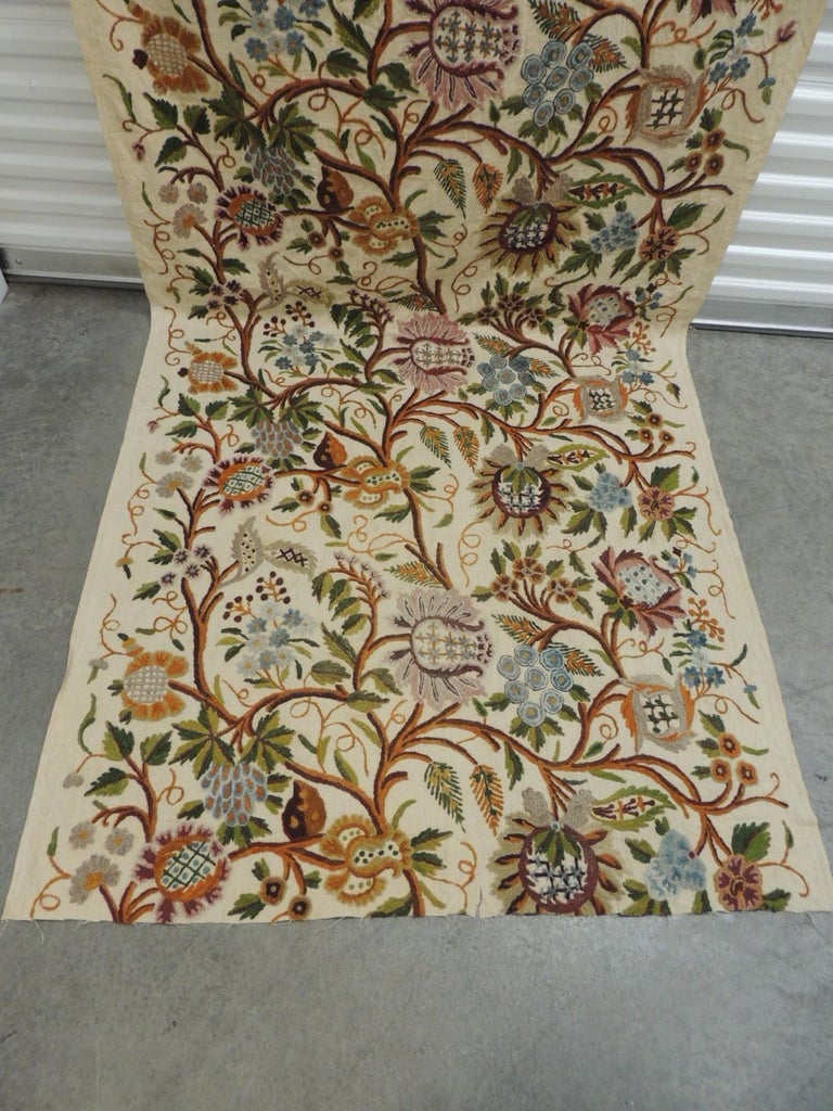 Vintage Crewelwork Large Floral Tree of Life Embroidery Linen Panel at