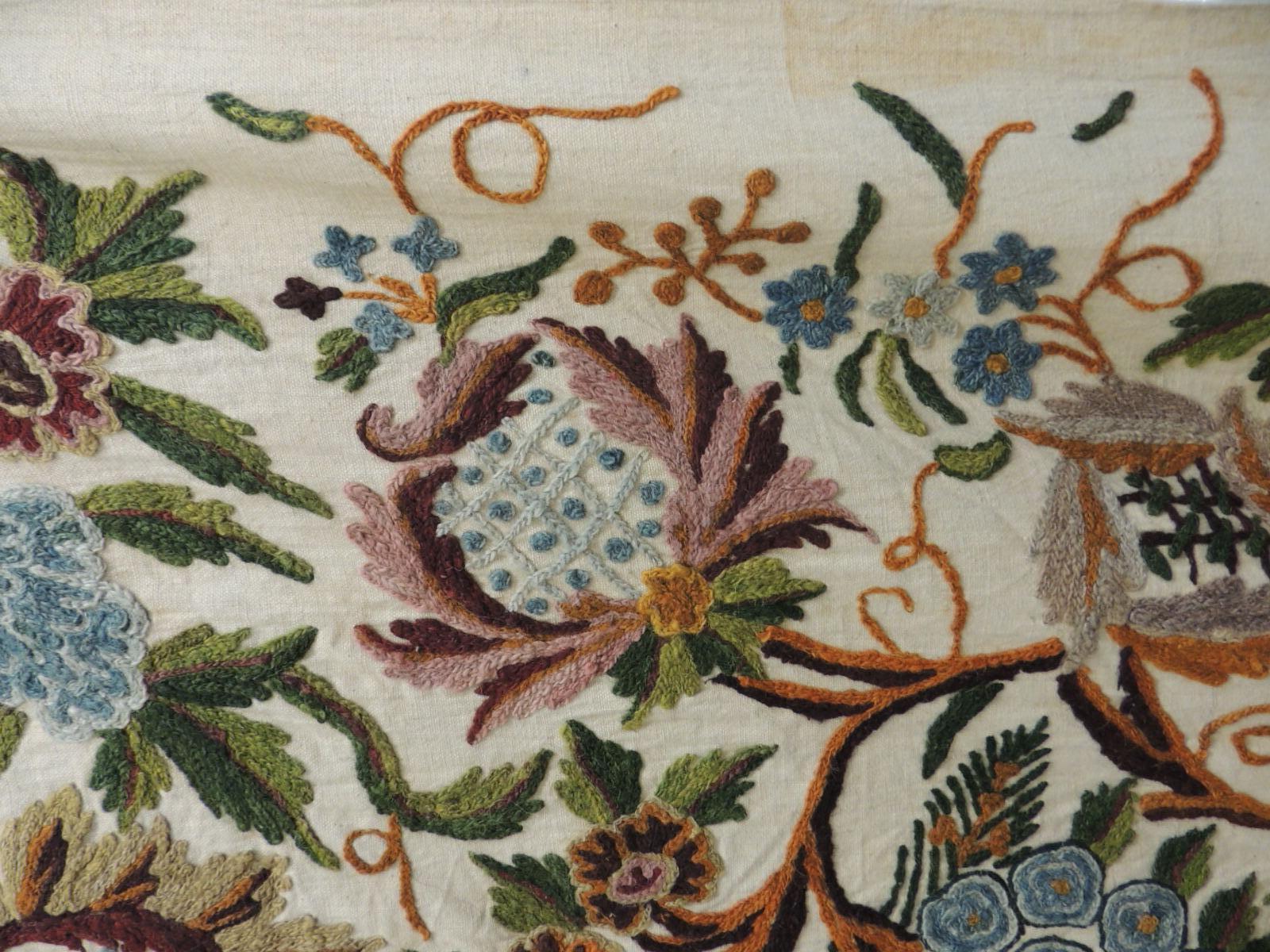 Bohemian Vintage Crewelwork Large Floral Tree of Life Embroidery Linen Panel