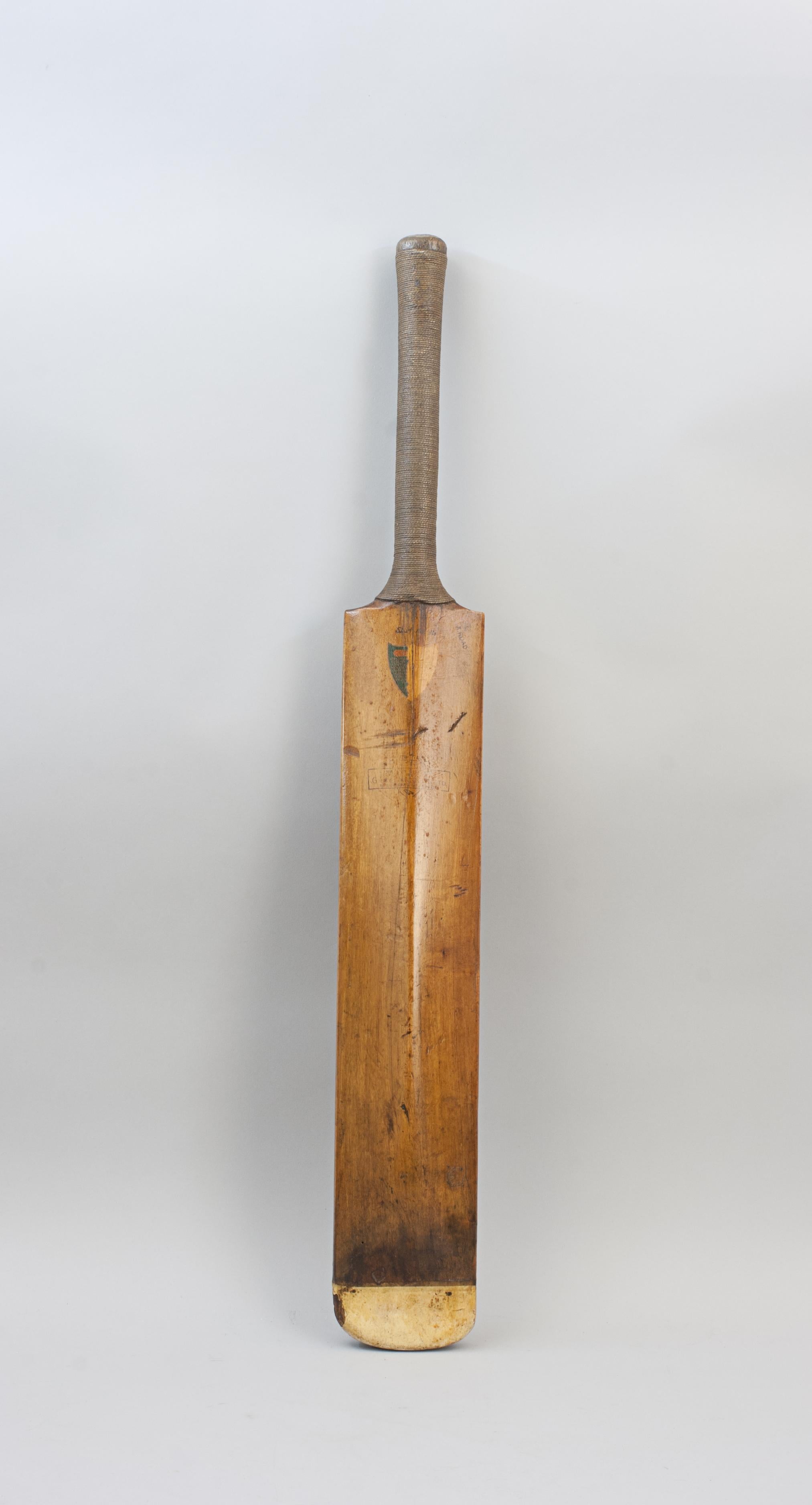 Vintage Nicolls Cricket Bat.
A good Nicolls willow cricket bat 'White Toe'. The writing on the front of the blade 'NICOLLS, White Toe, Toughened And Damp Proof, Patent No. ??????, Melbourne International Exhibition stamp, Specially Selected Blade,