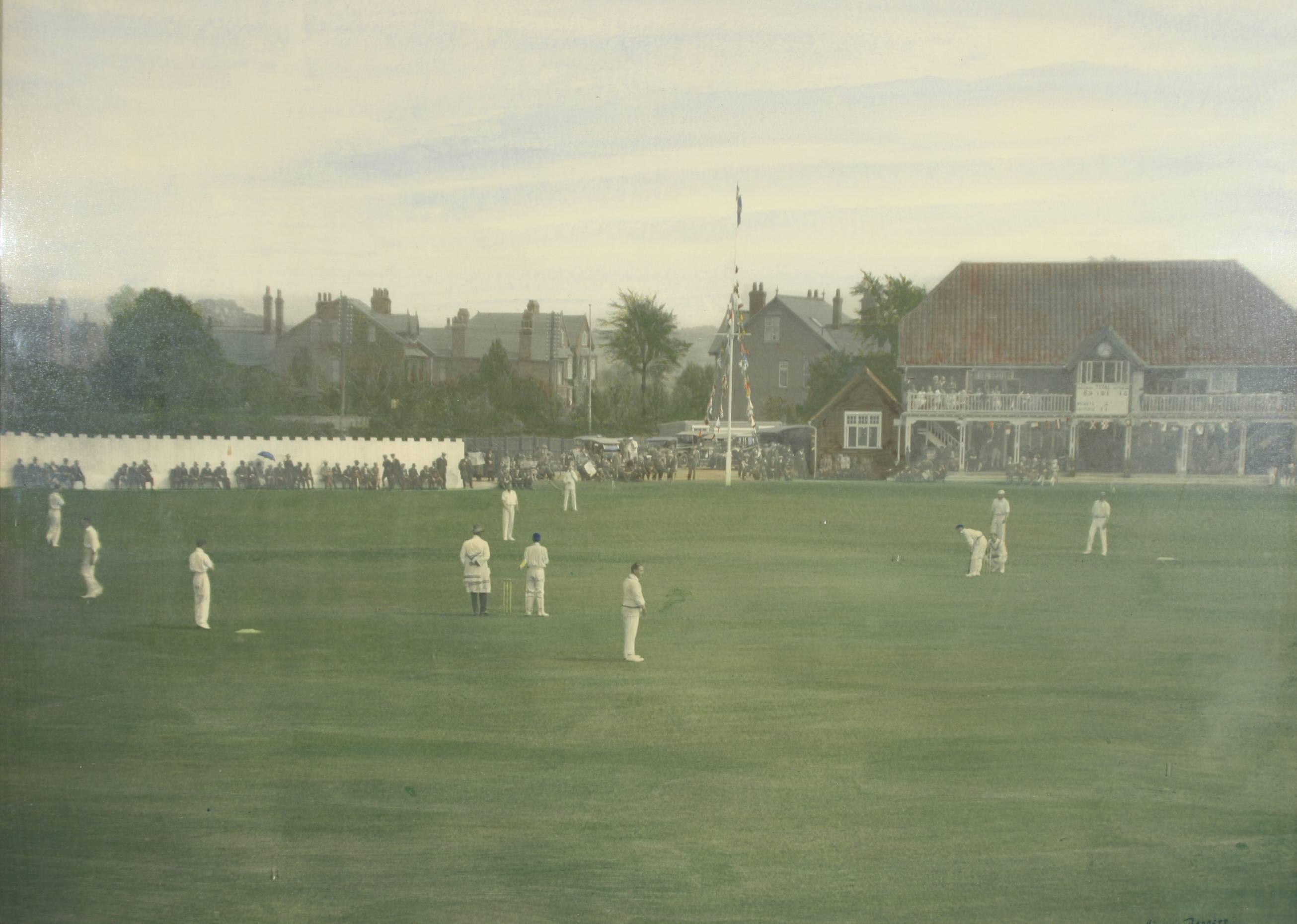 Vintage hand colored cricketing photograph.
A fine hand colored photograph of Chelmsford cricket ground.
This is a hand colored photograph by Howard Barrett, 1926.
Framed in a good carved wood and gilded frame.

Measures: Image size: 61 x