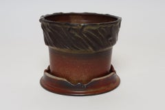 Vintage Crimson Incised Ceramic Planter with Saucer / Stand by Deanna Nichols