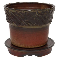 Vintage Crimson Incised Ceramic Planter with Saucer / Stand by Deanna Nichols