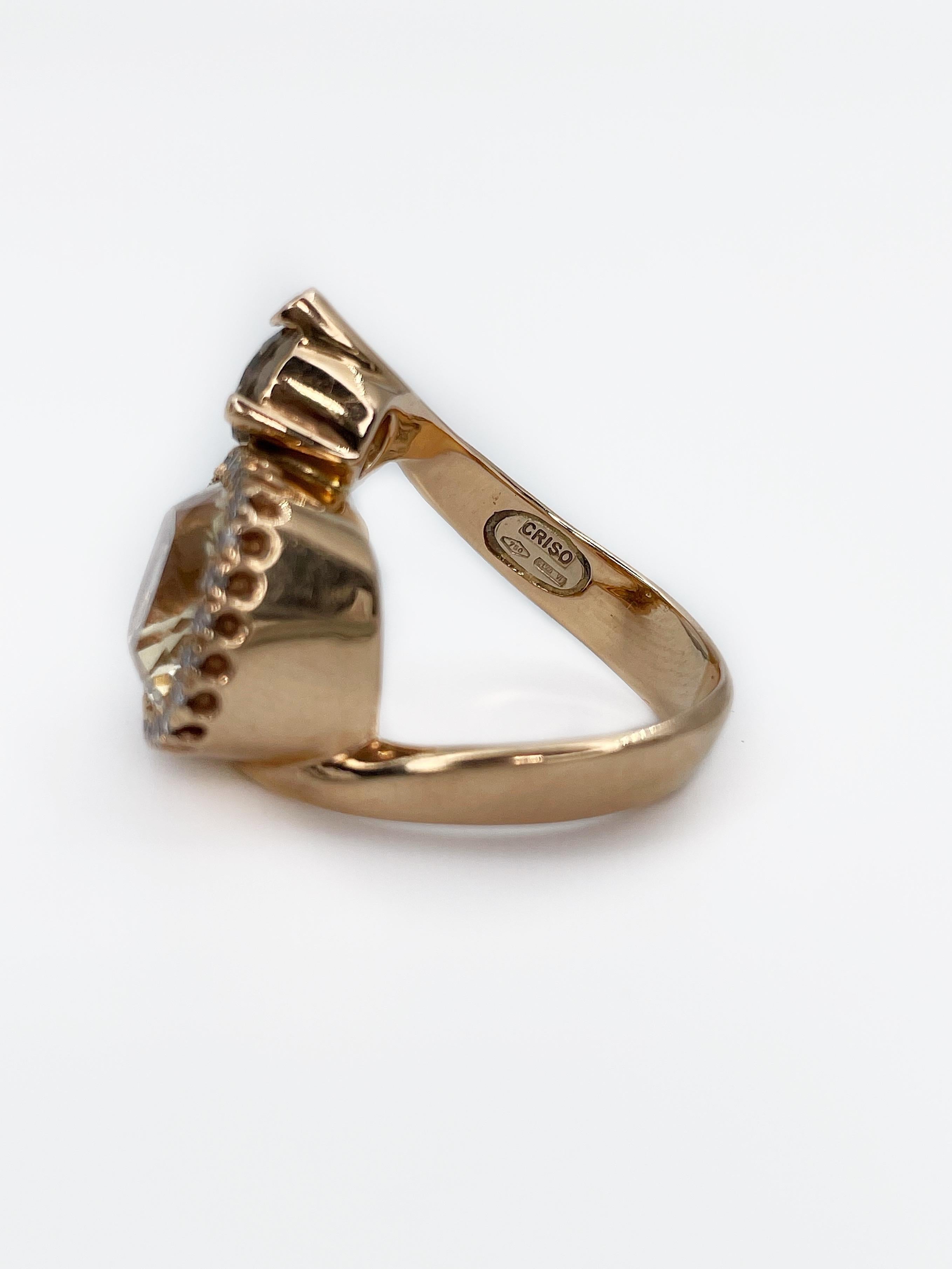 Vintage Criso Italia Citrin Rauchquarz 18K Gelbgold Cocktail Ring (Kissenschliff)