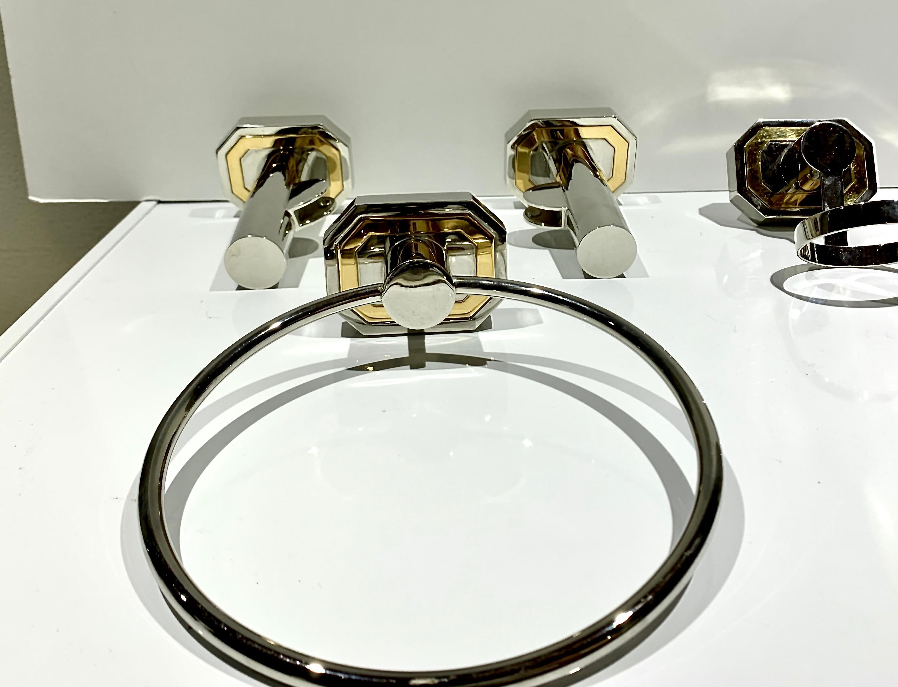 Vintage Cristal Et Bronze Polished Gold & Nickel Wall-Mount Bathroom Fitting Set In Good Condition In Brooklyn, NY