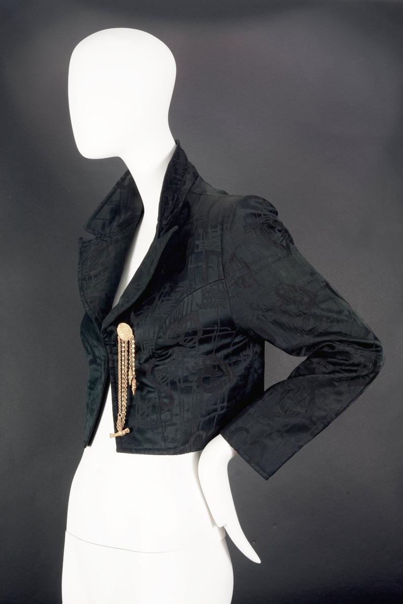 Black Vintage CRISTIAN LACROIX Jeweled Aztec Cropped Blazer Jacket For Sale