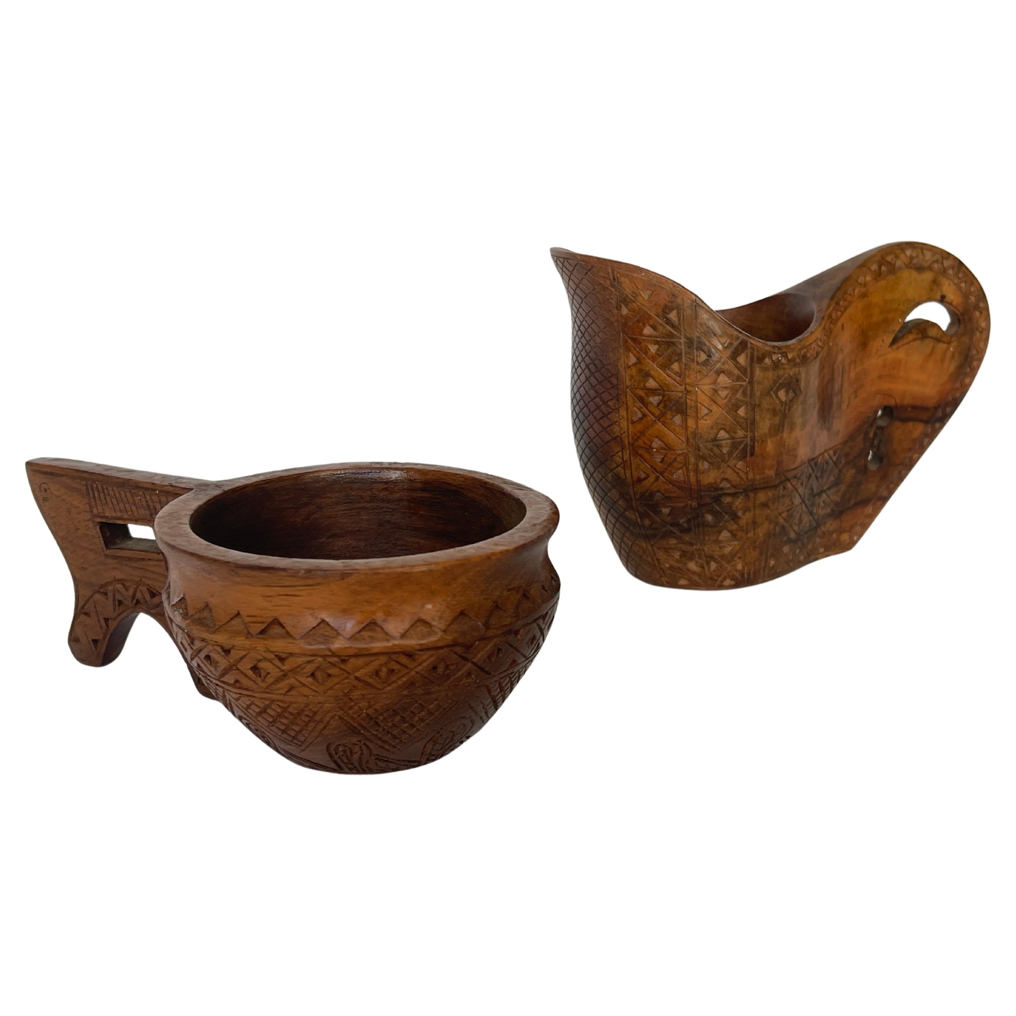 Vintage Croatian Hand Carved Olive Wood  Sculpture Creamer & Sugar Bowl Set For Sale