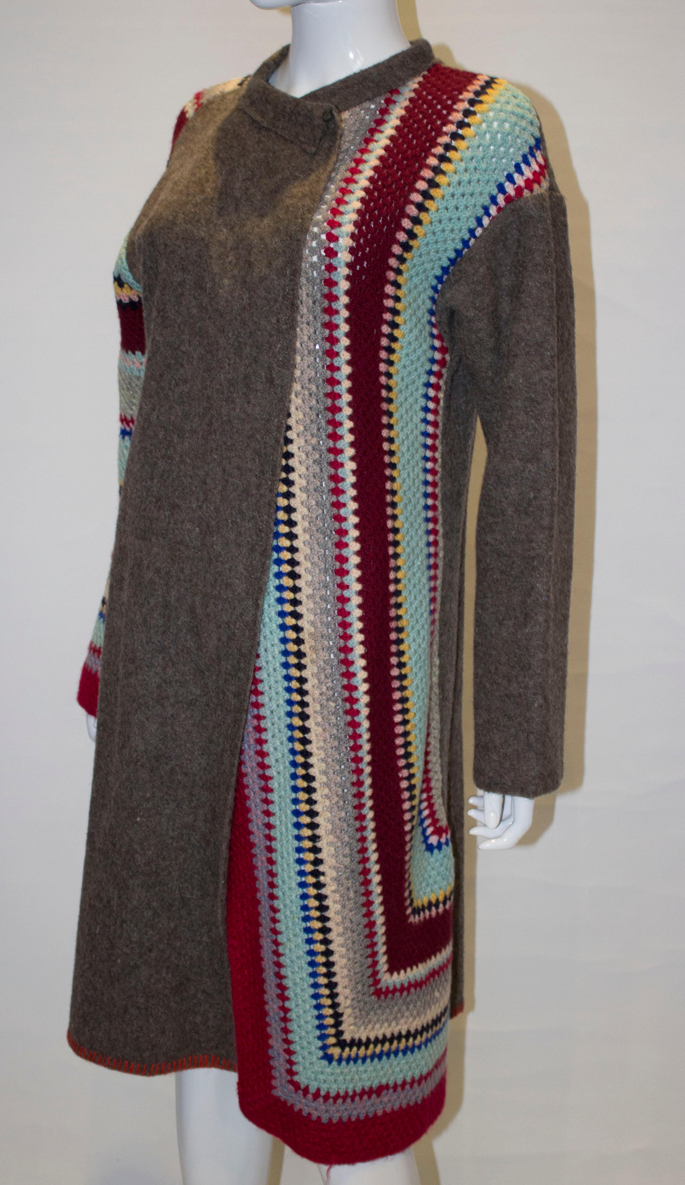  Vintage Crochet and Wool Long Jacket In Good Condition For Sale In London, GB