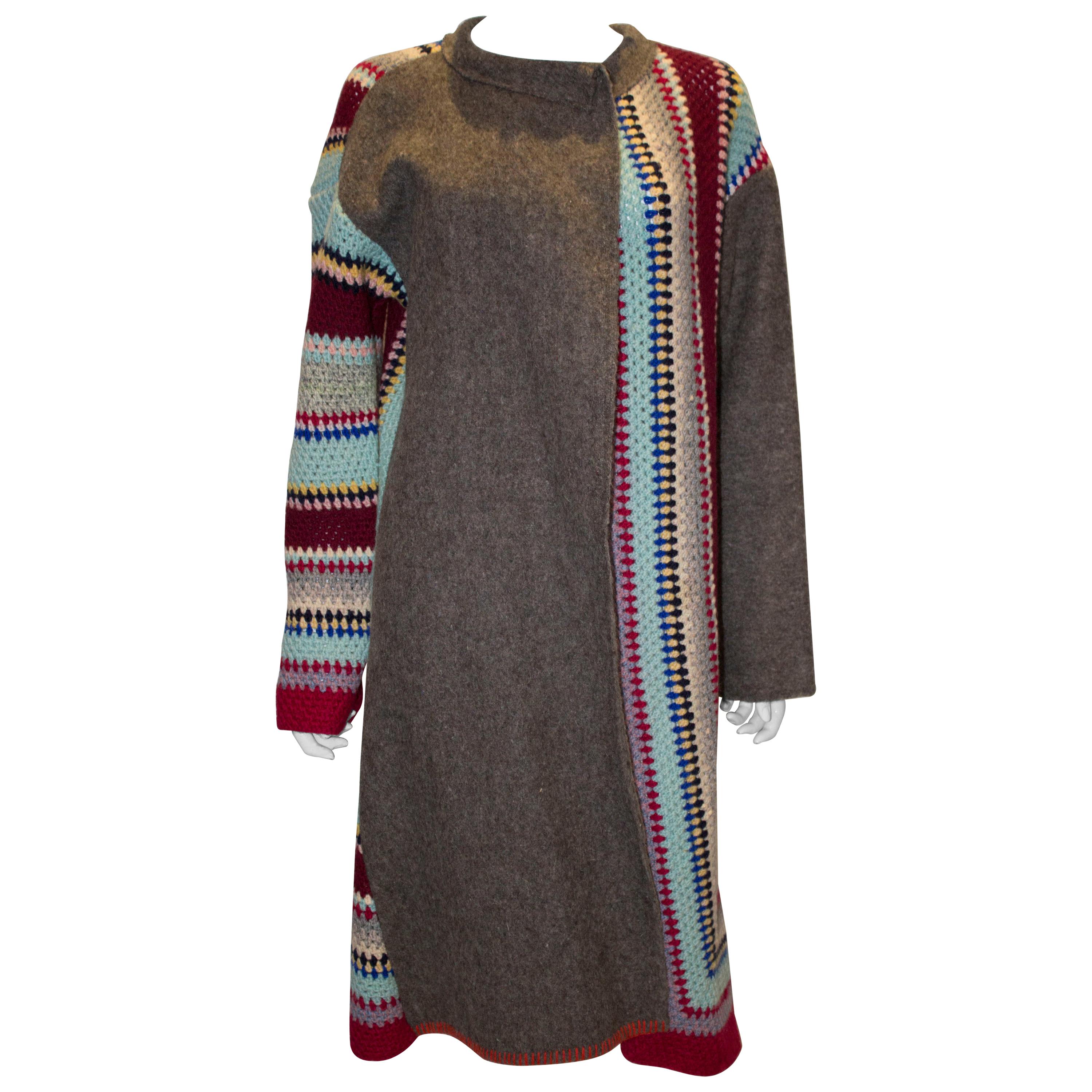 Vintage Crochet and Wool Long Jacket For Sale