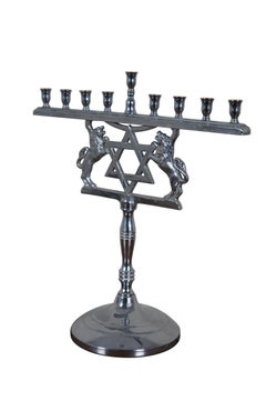 Vintage Cromwell Silver Chromium Lion Jewish Star Hanukkah Menorah Judaica 12"