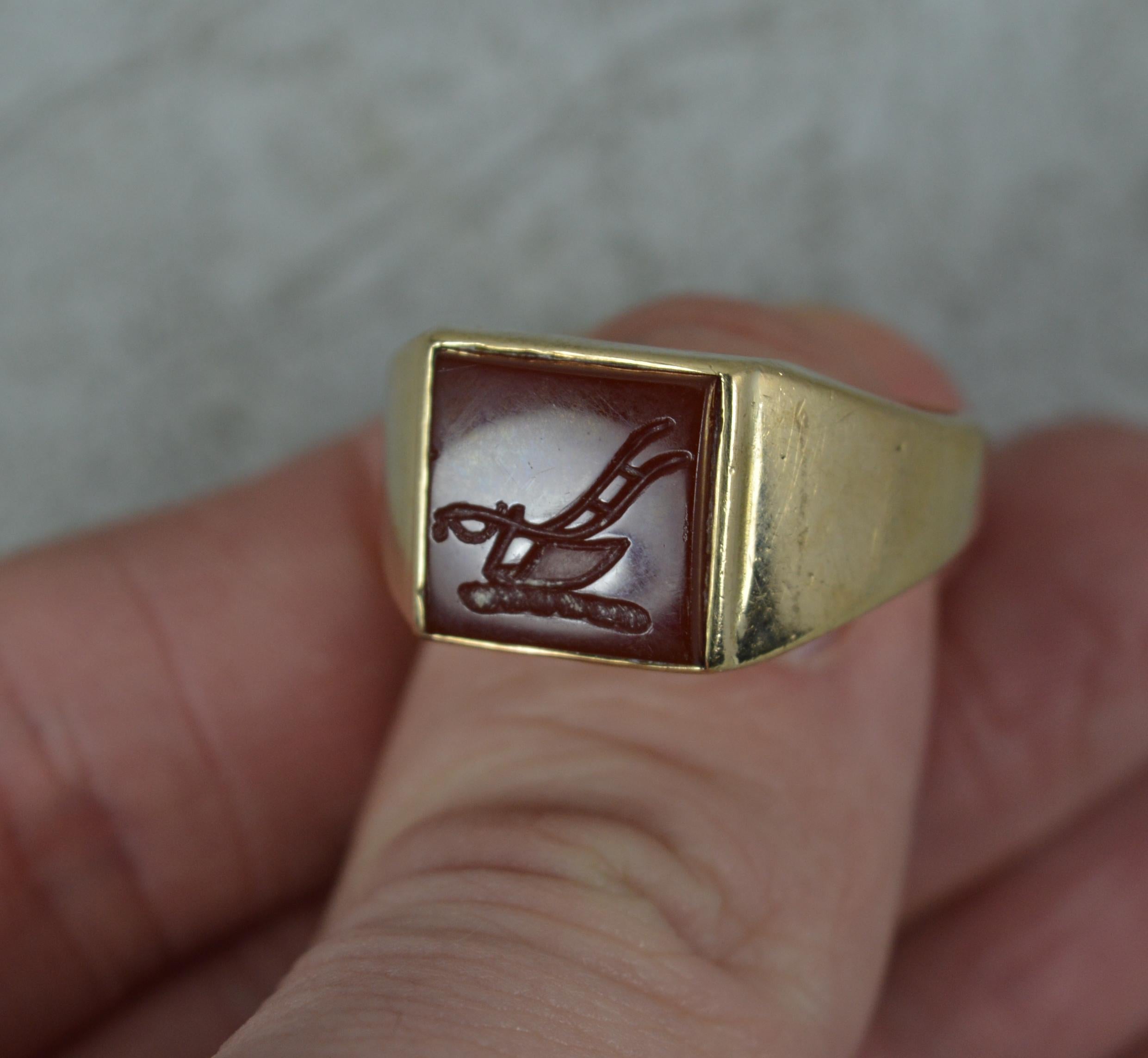 Square Cut Vintage Cropp and Farr 9 Carat Gold and Carnelian Plough Farm Seal Signet Ring For Sale