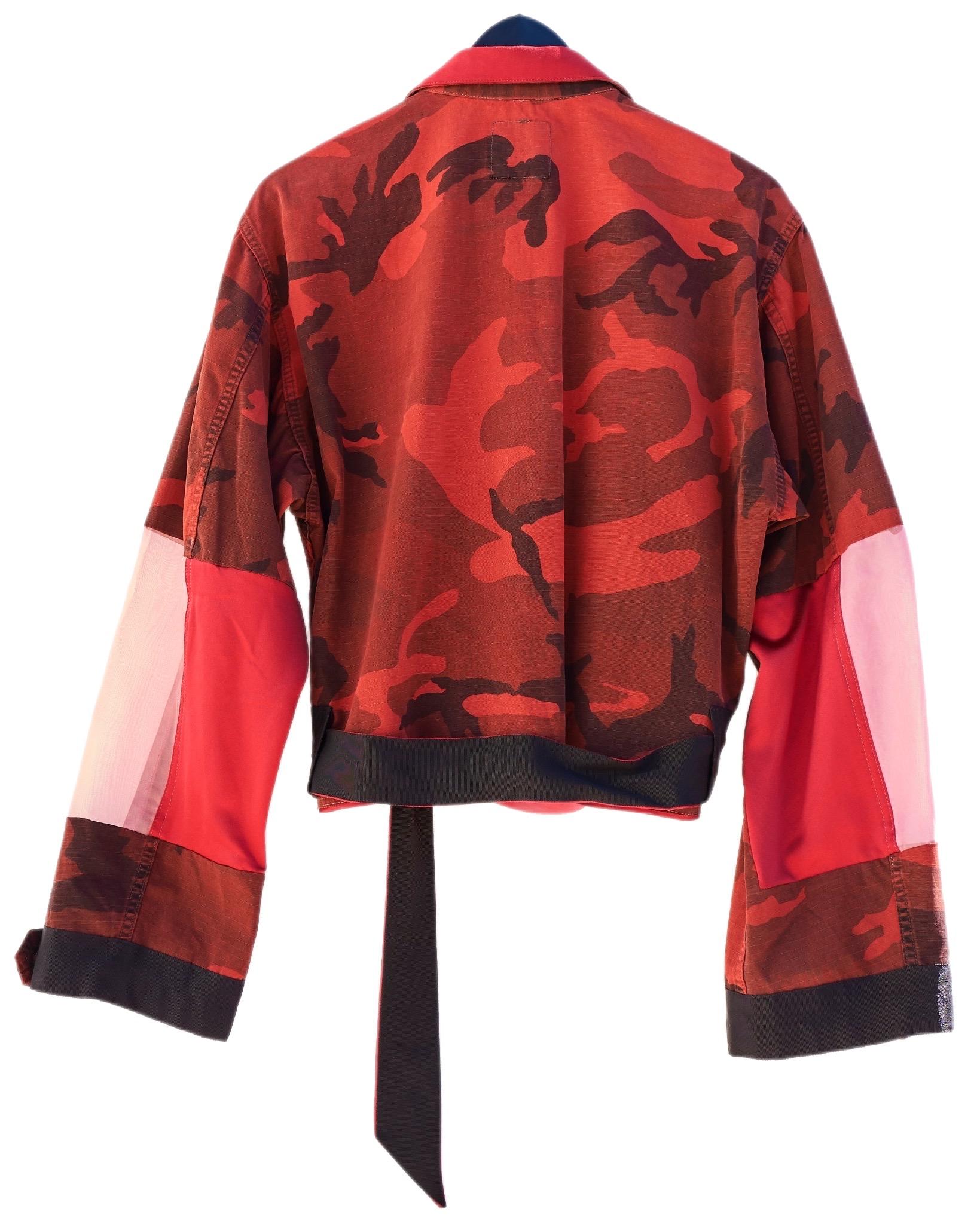 Cropped Designer Jacket Camouflage Red Pink Patch Work Brocade Sheer Organza 1